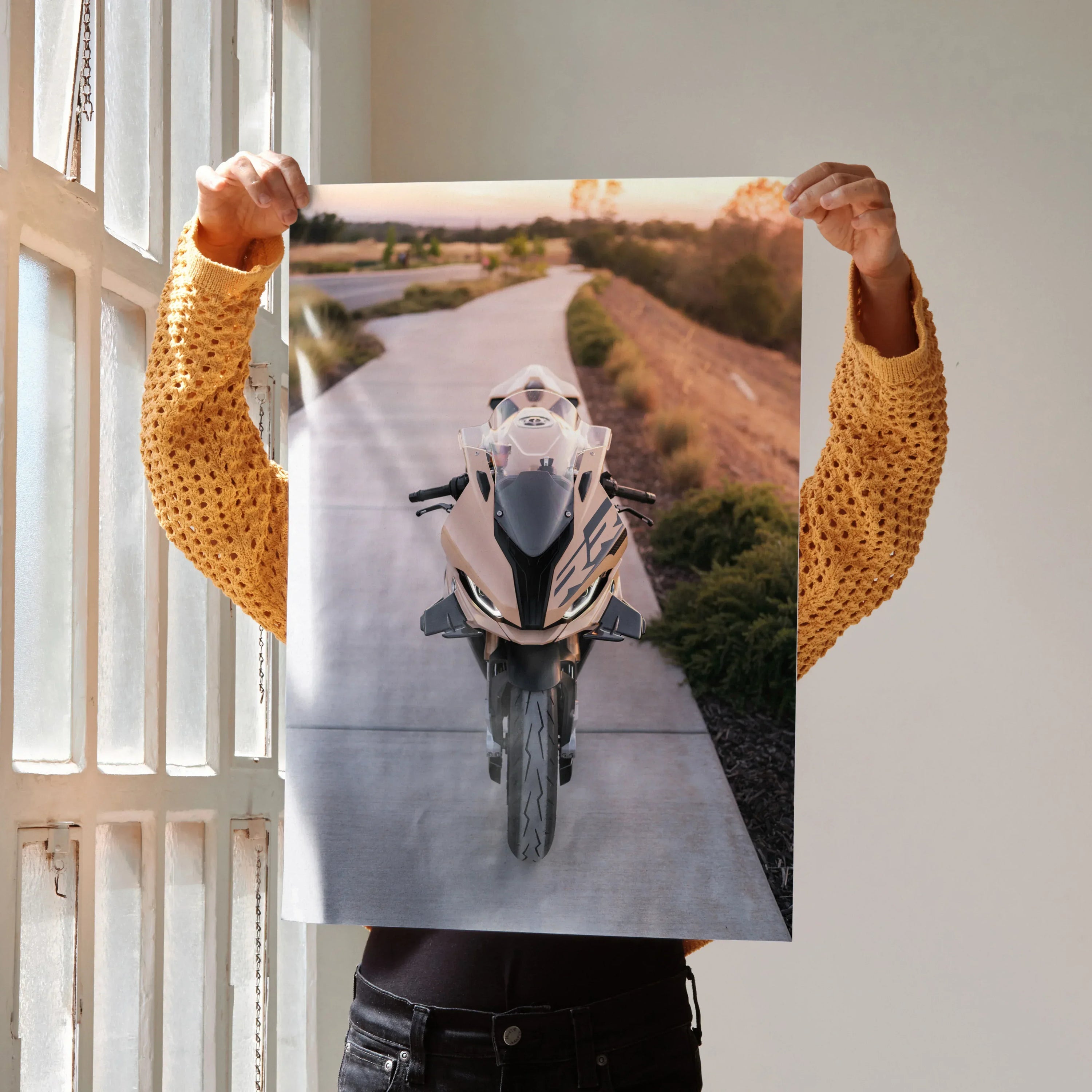 BMW S1000RR motorcycle poster showing top view of white sportbike on a road, wall art for motorcycle enthusiasts.