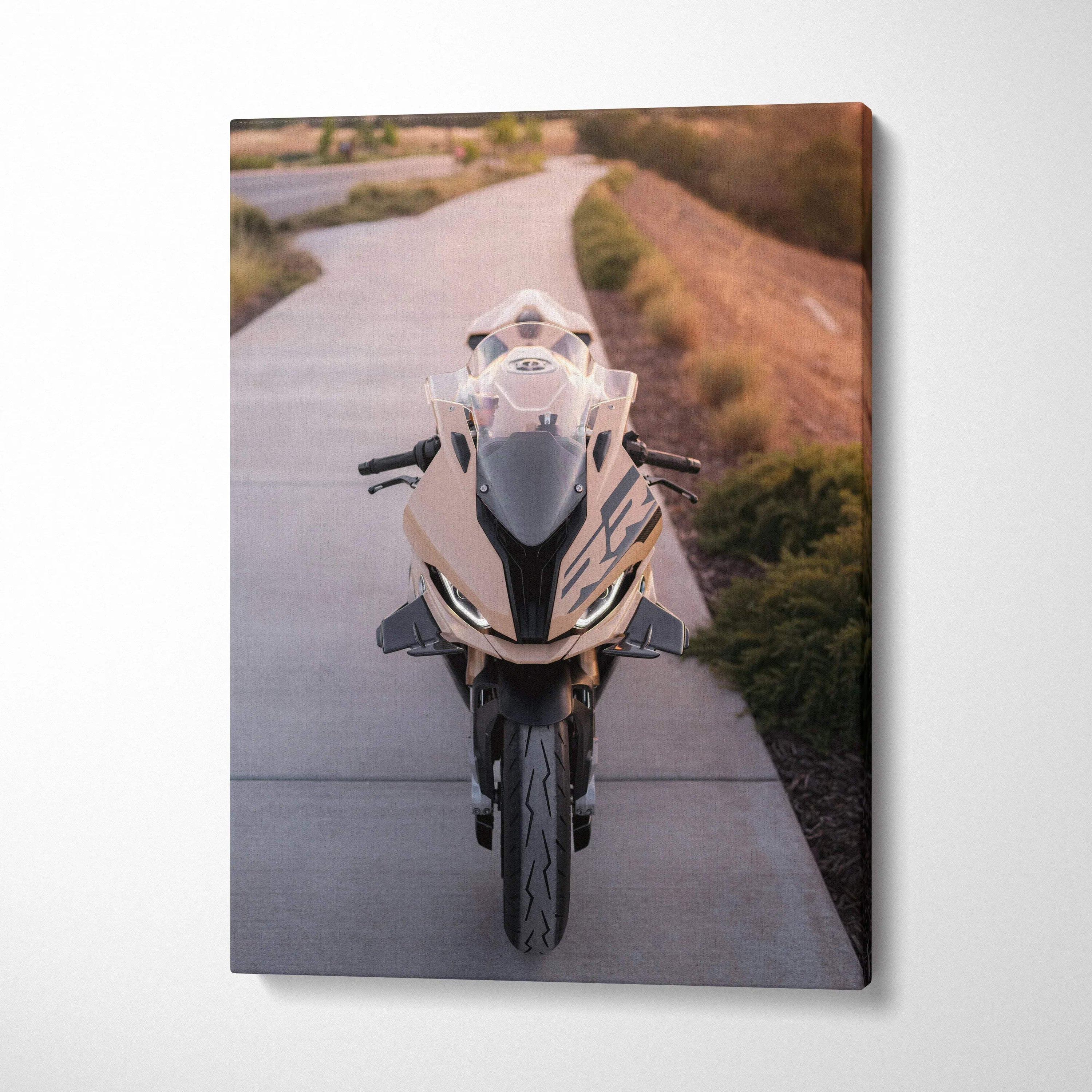 BMW S1000RR motorcycle canvas wall art showing front view on road, vertical high-resolution canvas art.