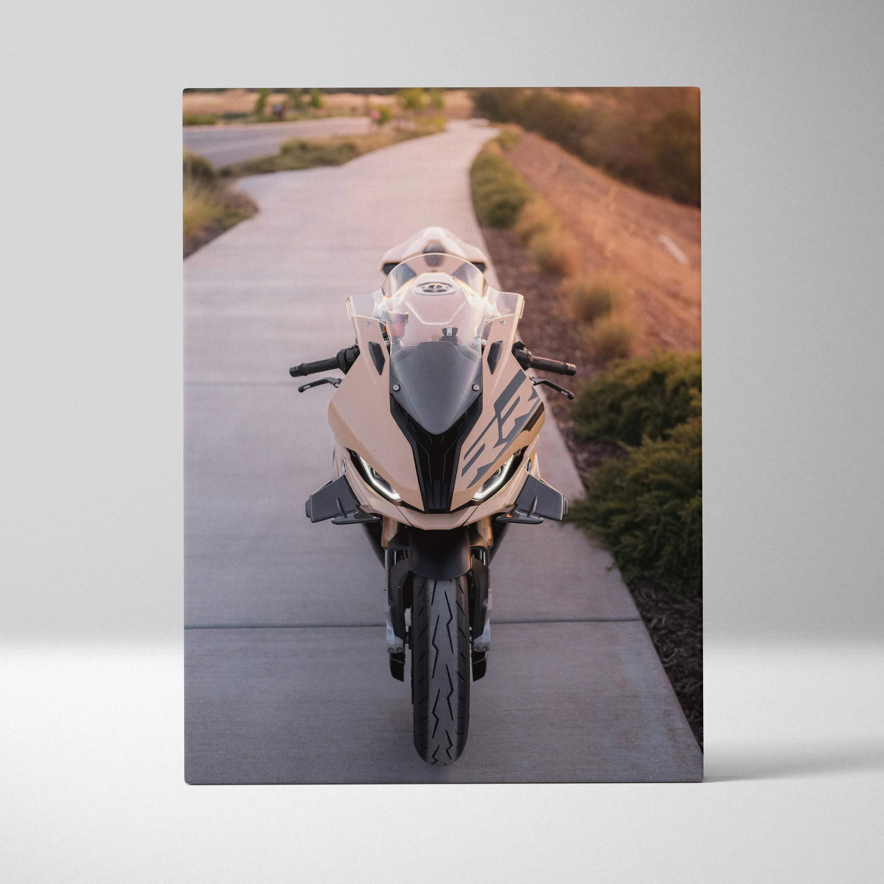 Vertical canvas art of a white BMW S1000RR motorcycle on a paved path, high-resolution wall art.