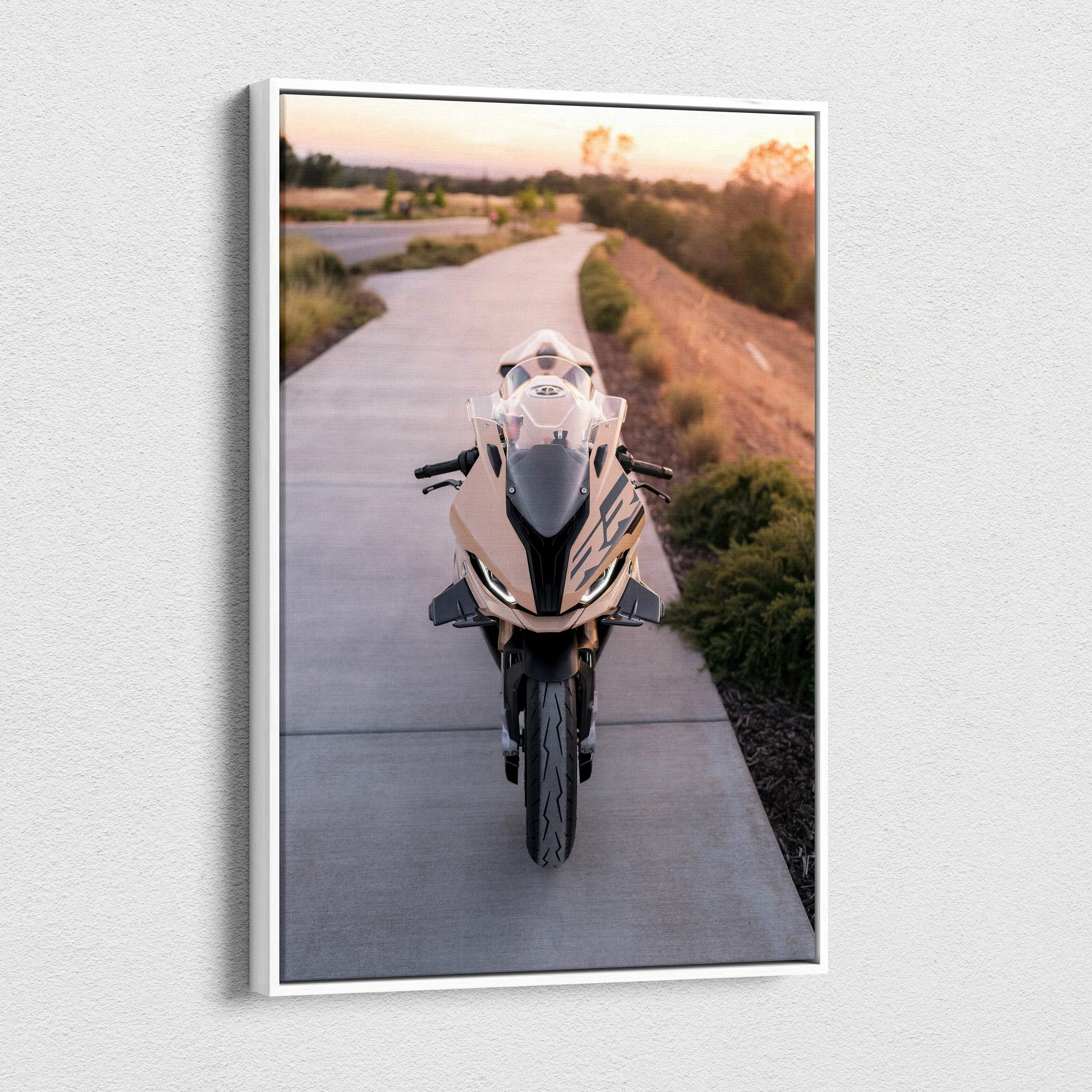 BMW S1000RR motorcycle canvas art vertical wall art with sunset background on paved path.