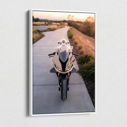 BMW S1000RR motorcycle canvas art vertical wall art with sunset background on paved path.