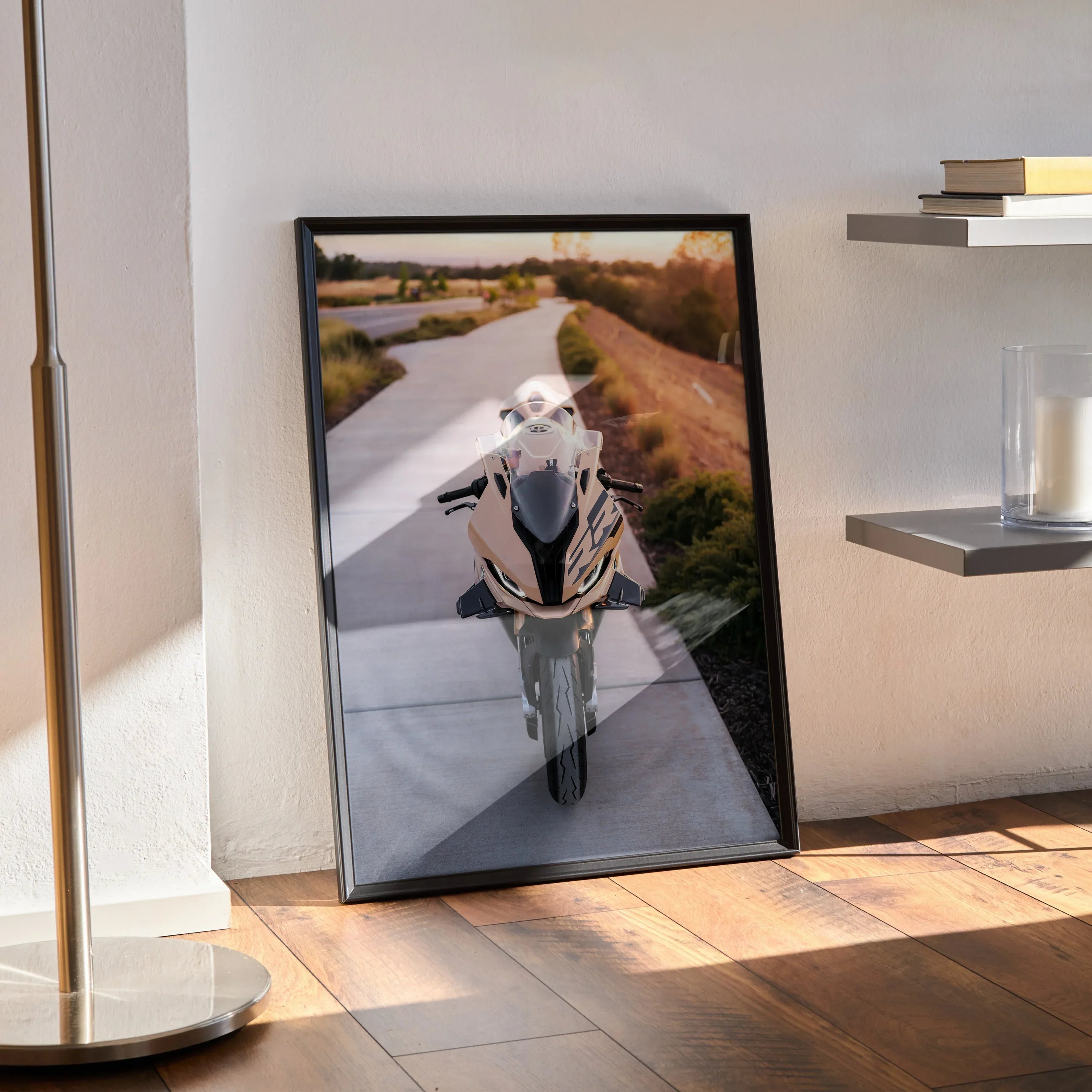 BMW S1000RR motorcycle poster wall art with detailed bike in outdoor setting.