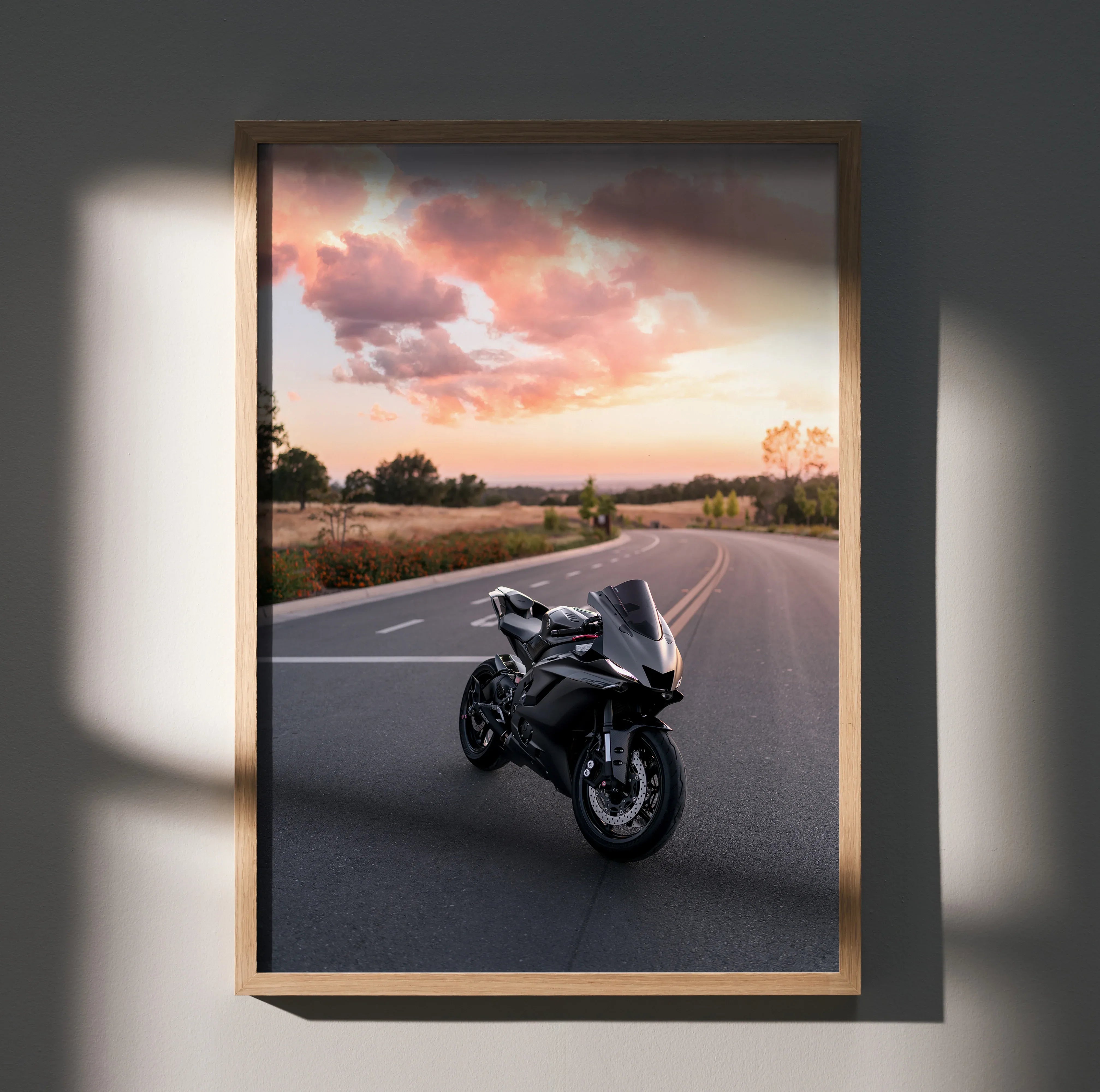 Yamaha R6 motorcycle poster with sunset road scene, sleek black bike wall art.