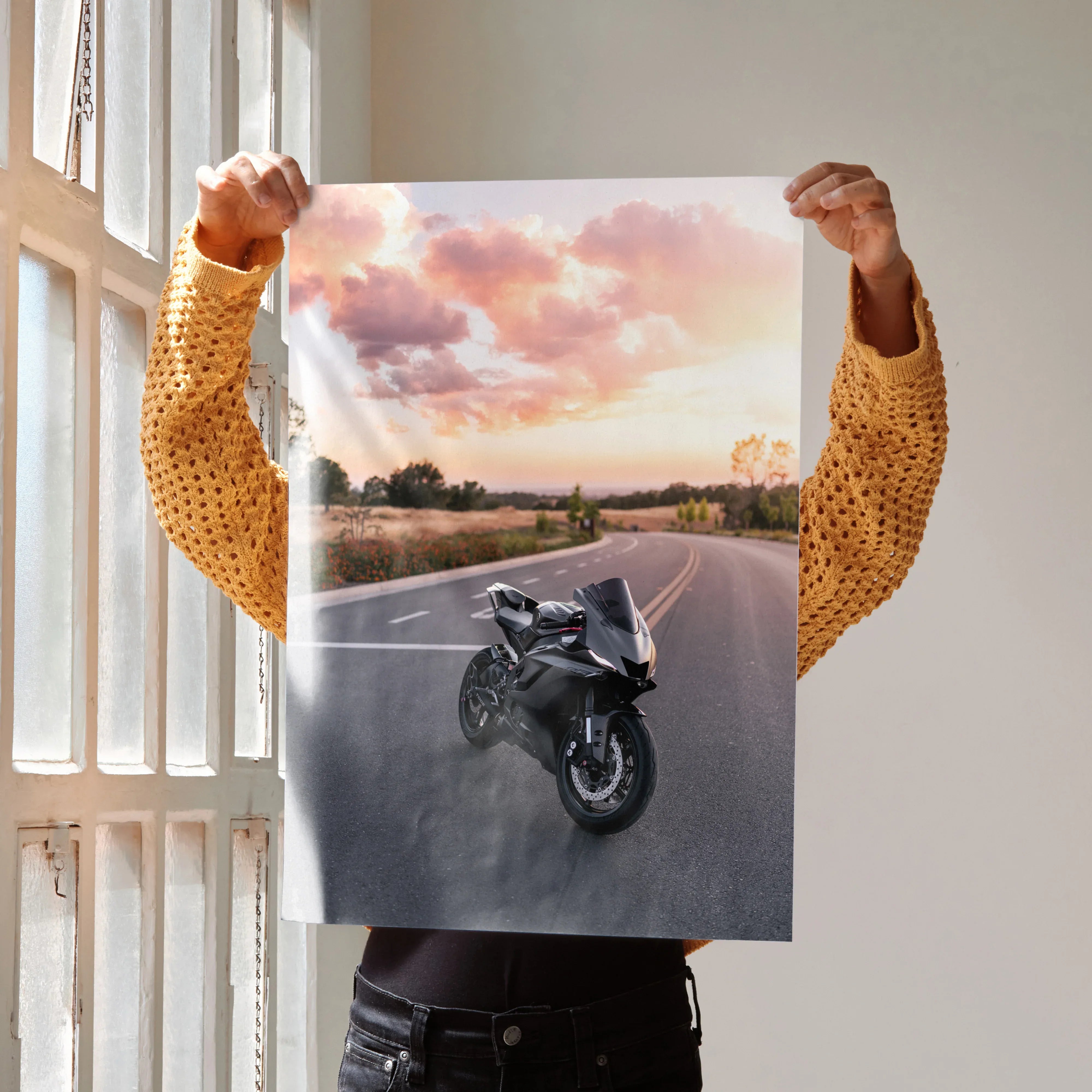 Yamaha R6 motorcycle on open road at sunset poster wall art with pink sky and clouds.