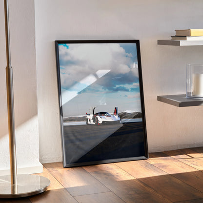 Koenigsegg Jesko high resolution car poster in black frame leaning on floor, modern wall art.