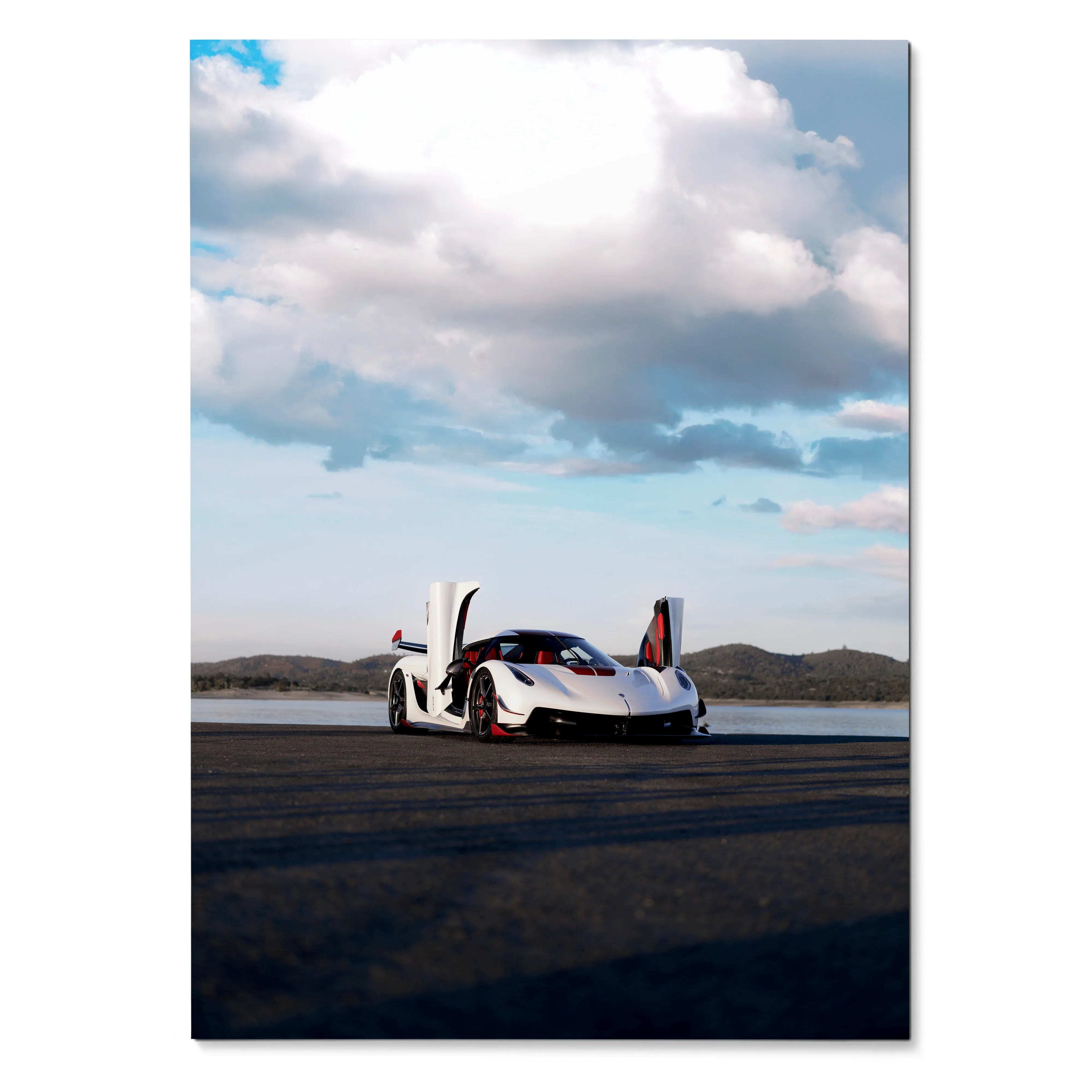 Koenigsegg Jesko supercar with open doors under cloudy sky poster wall art.