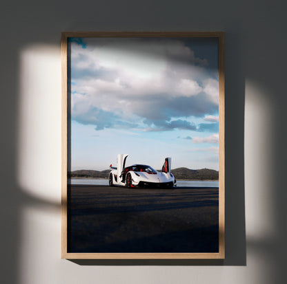 Koenigsegg Jesko white hypercar poster wall art with open doors and cloudy sky background.