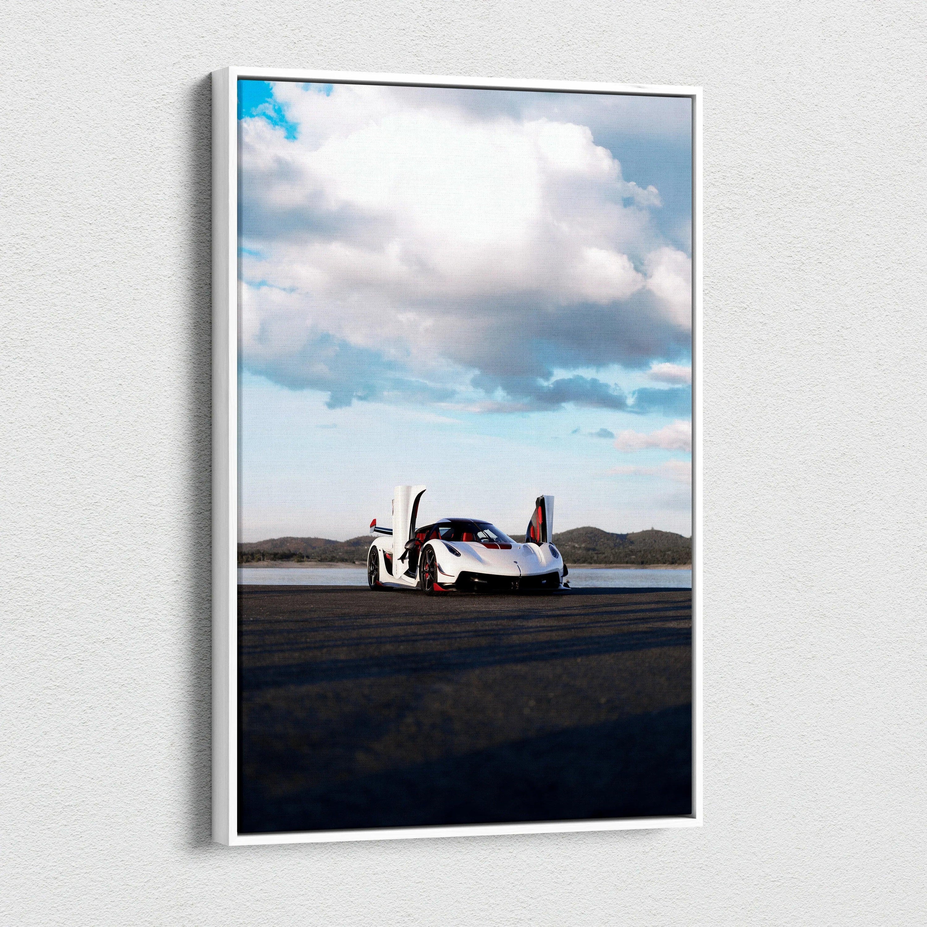 Koenigsegg Jesko white hypercar on track under cloudy sky vertical canvas art wall decor.