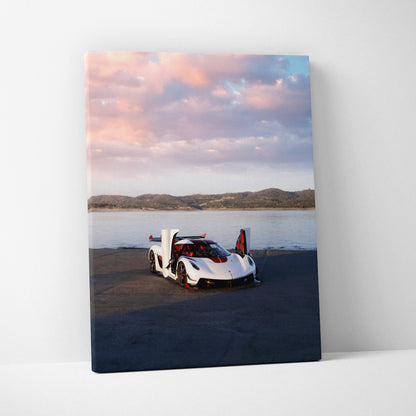 Koenigsegg Jesko supercar parked by water at sunset vertical canvas wall art.