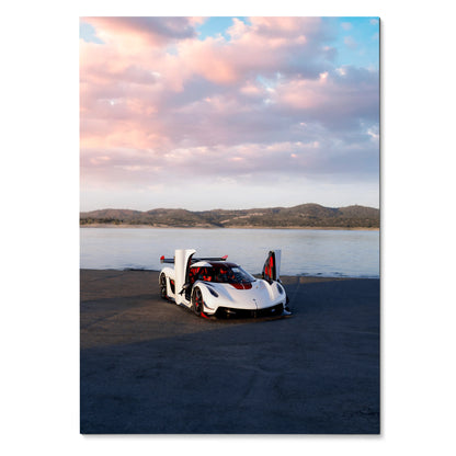 Koenigsegg Jesko sports car on asphalt with dramatic sunset sky poster wall art.