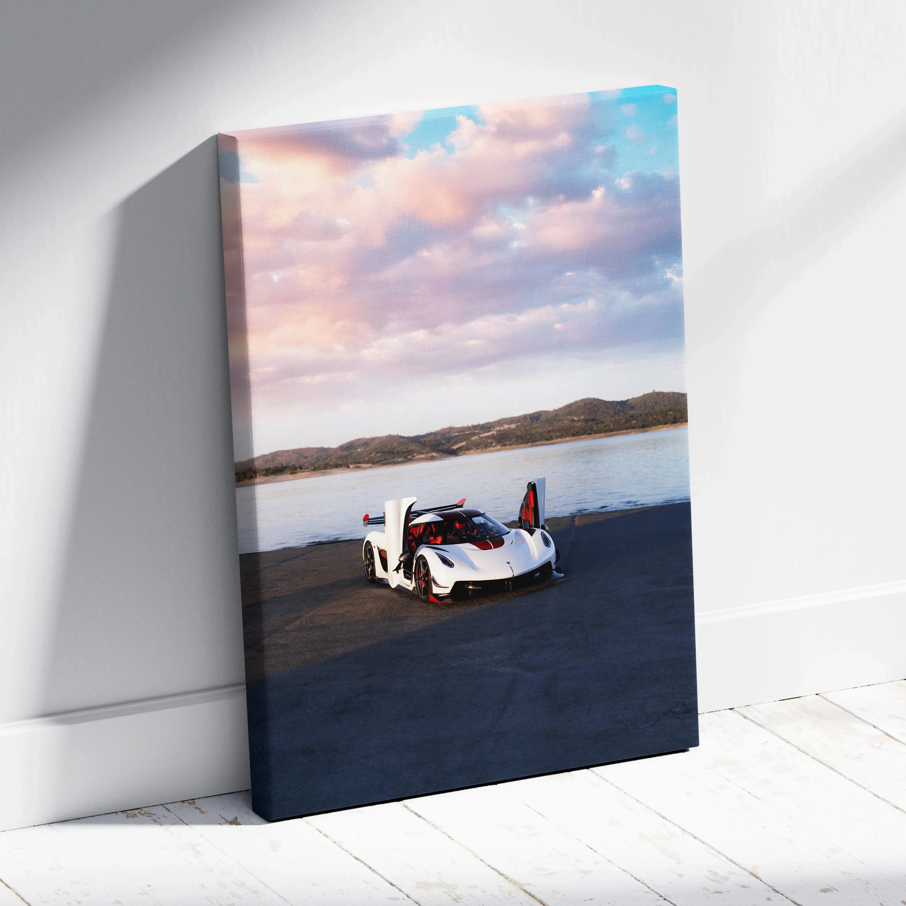 Koenigsegg Jesko car canvas art with sunset sky and lake background wall art print.