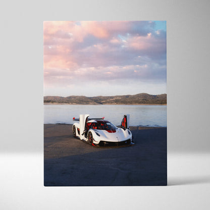 Koenigsegg Jesko luxury sports car with butterfly doors open by lake at sunset canvas wall art.