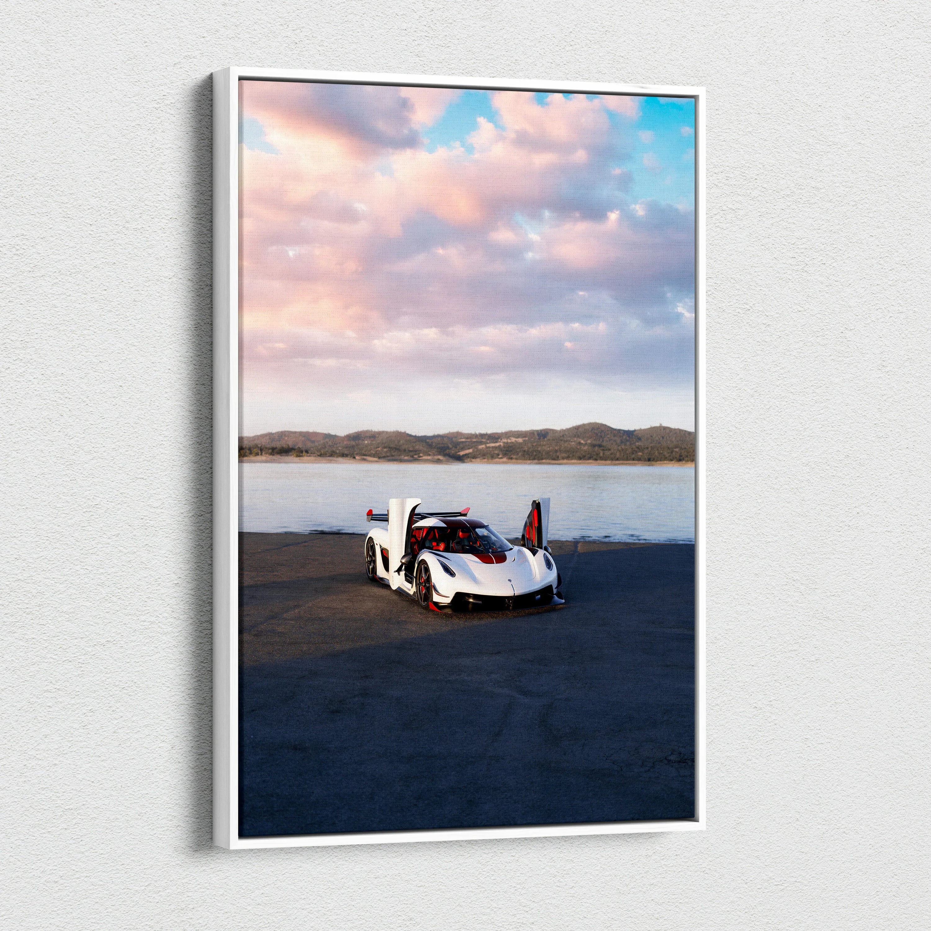 Koenigsegg Jesko white sports car on asphalt under colorful sky vertical canvas wall art.
