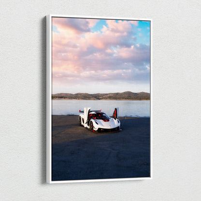 Koenigsegg Jesko white sports car on asphalt under colorful sky vertical canvas wall art.