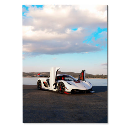 Koenigsegg Jesko poster with white sports car and open butterfly doors under cloudy sky wall art.