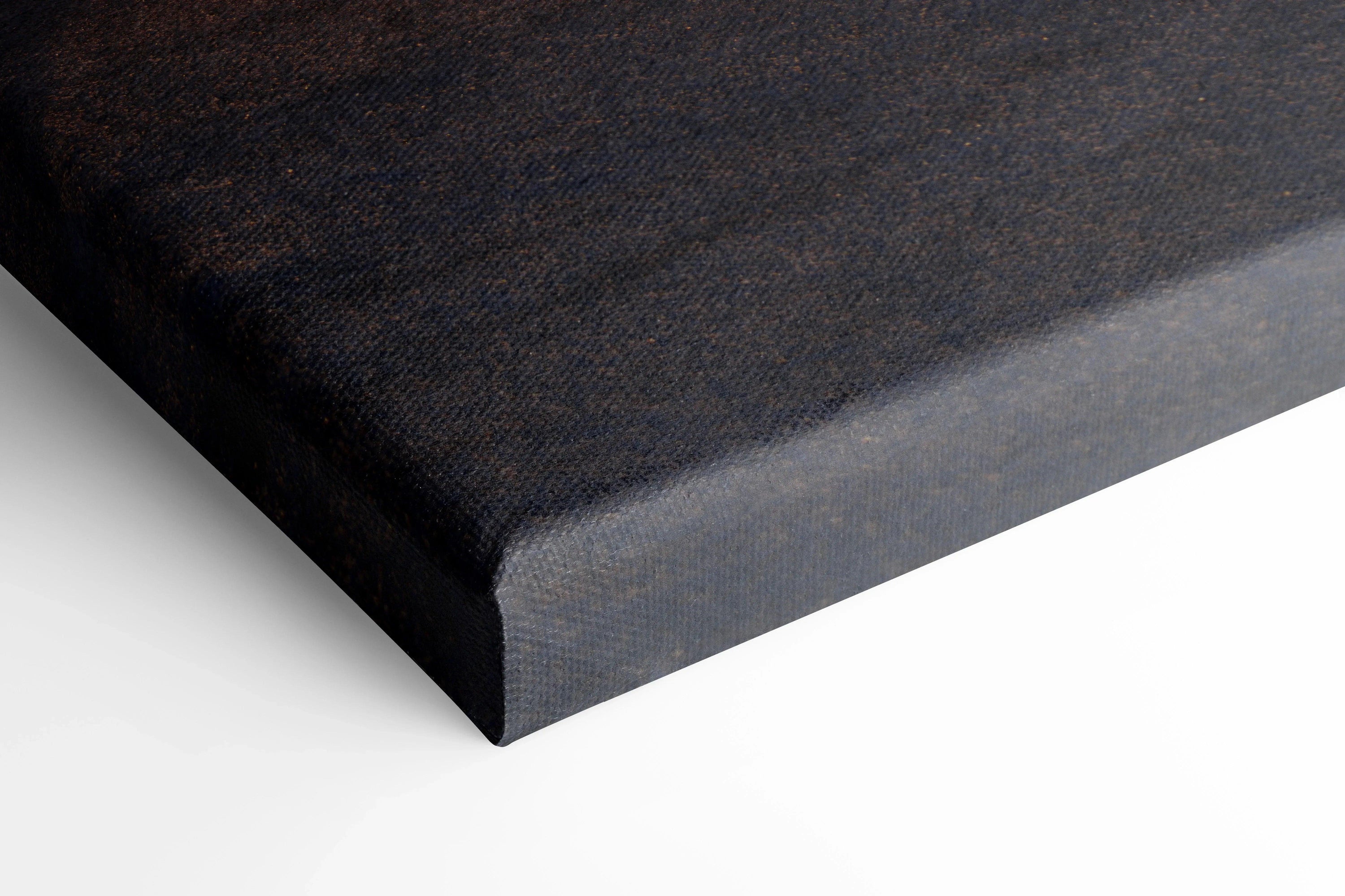 Black canvas corner with finely textured surface and wrapped edges for wall art canvas print.