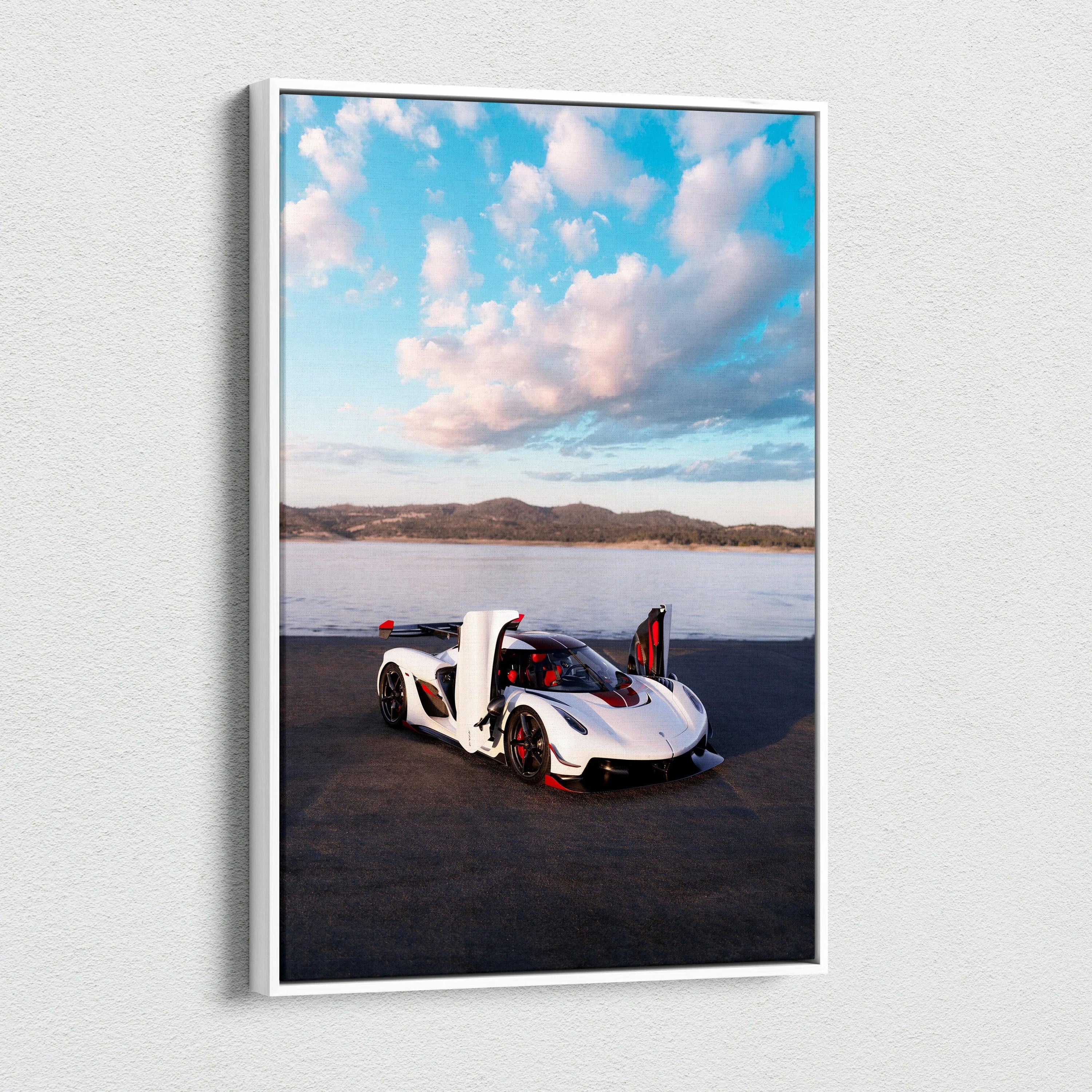 Koenigsegg Jesko white sports car with open doors against blue sky canvas wall art.
