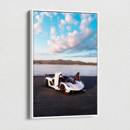 Koenigsegg Jesko white sports car with open doors against blue sky canvas wall art.