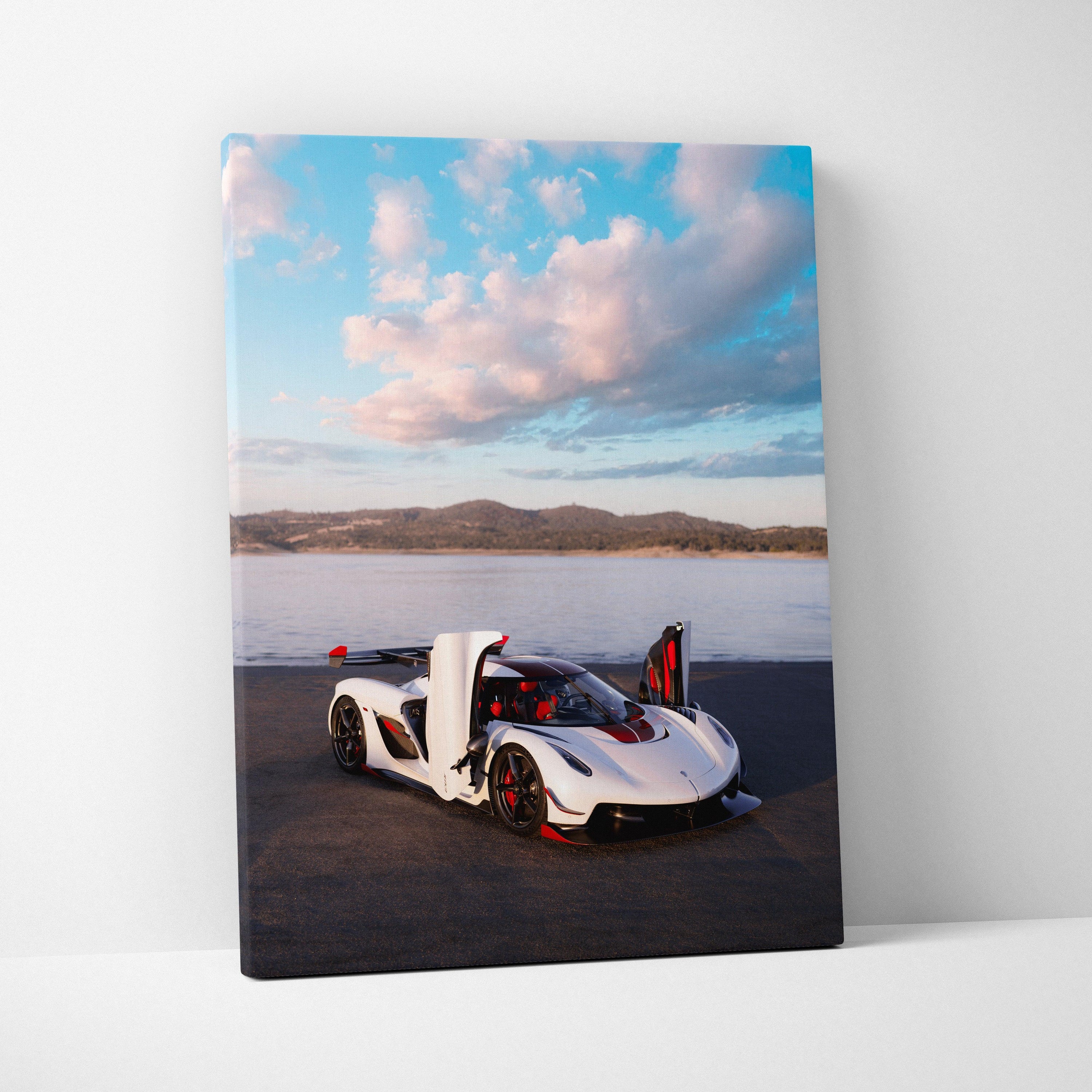 Koenigsegg Jesko white supercar with doors open on canvas wall art with scenic sky background.