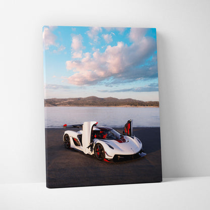 Koenigsegg Jesko white supercar with doors open on canvas wall art with scenic sky background.