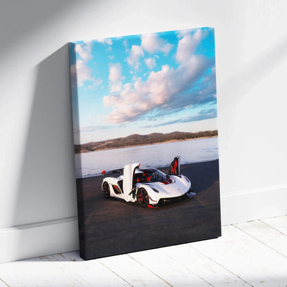 Vertical canvas wall art of white Koenigsegg Jesko sports car with butterfly doors open under blue sky.