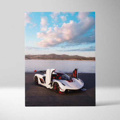 Koenigsegg Jesko sports car with open doors against lake background on vertical canvas wall art.