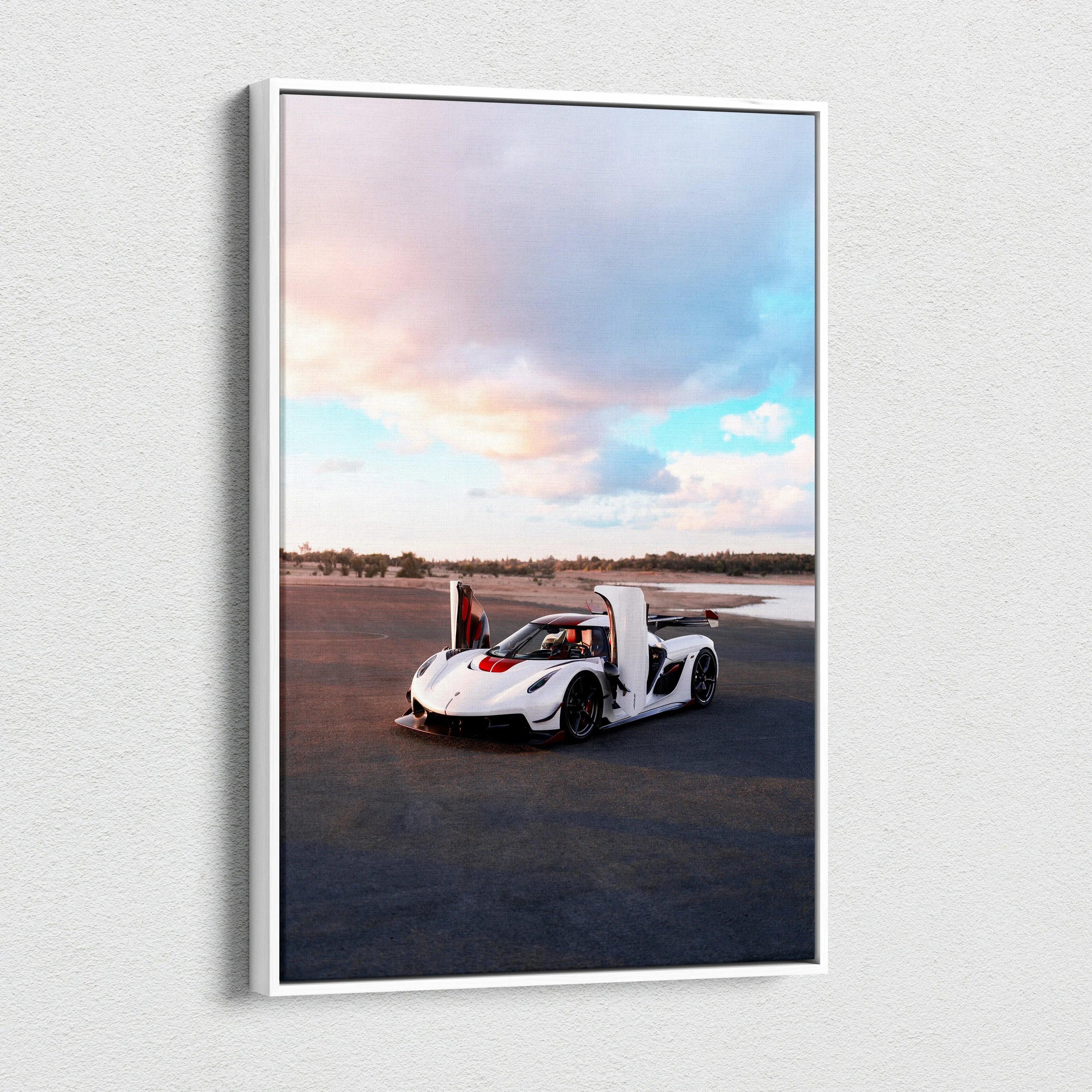 Koenigsegg Jesko white sports car on open road under colorful sky vertical canvas wall art.