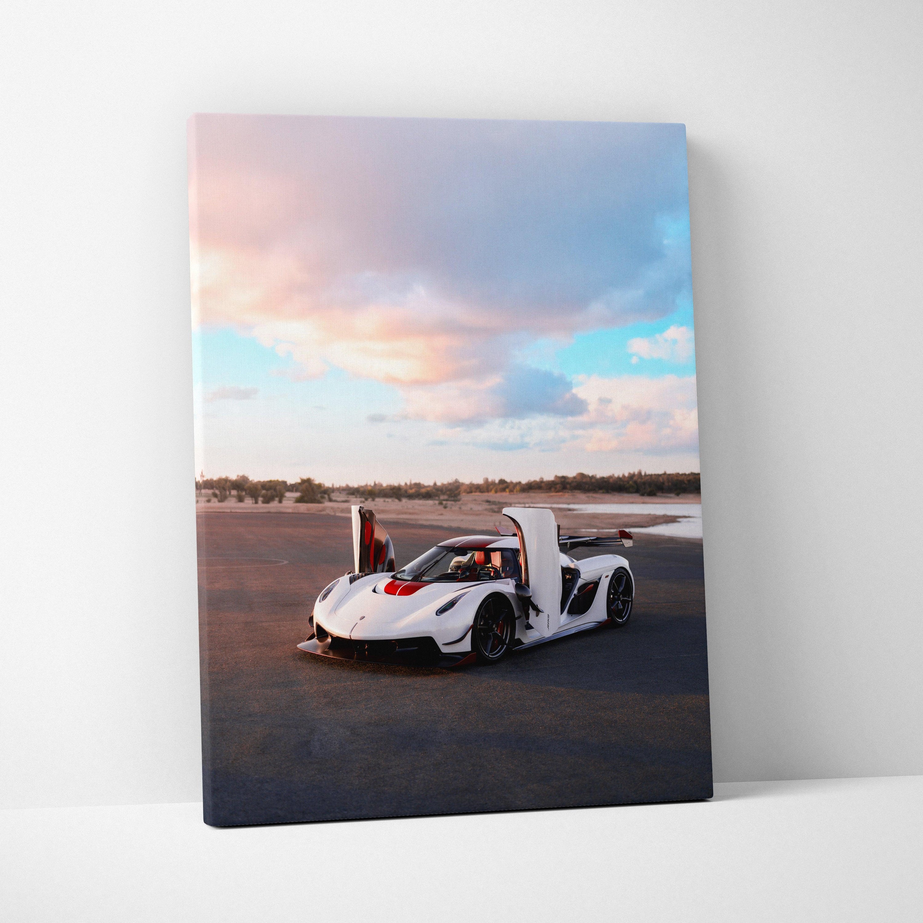 Koenigsegg Jesko white sports car with open scissor doors on canvas wall art with sky background.