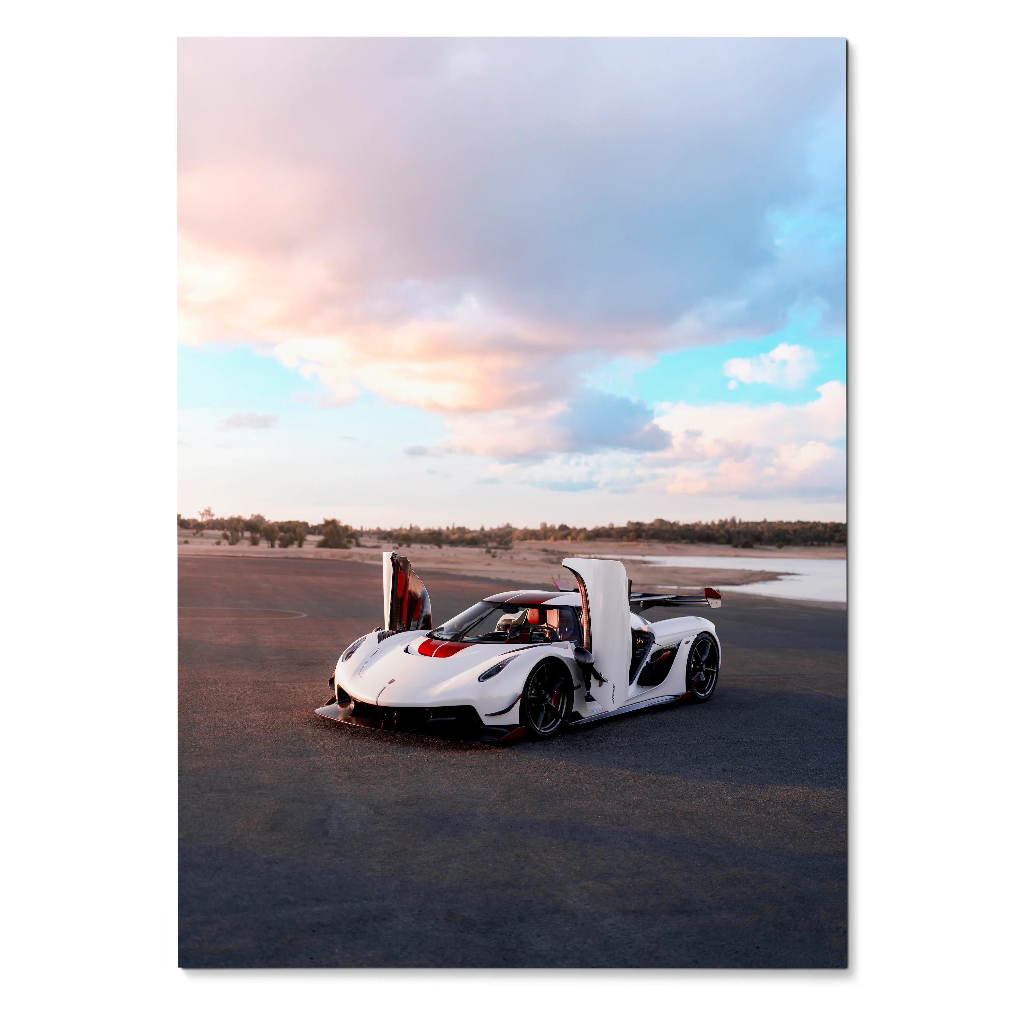 Koenigsegg Jesko sports car with open doors on desert road at sunset poster wall art.