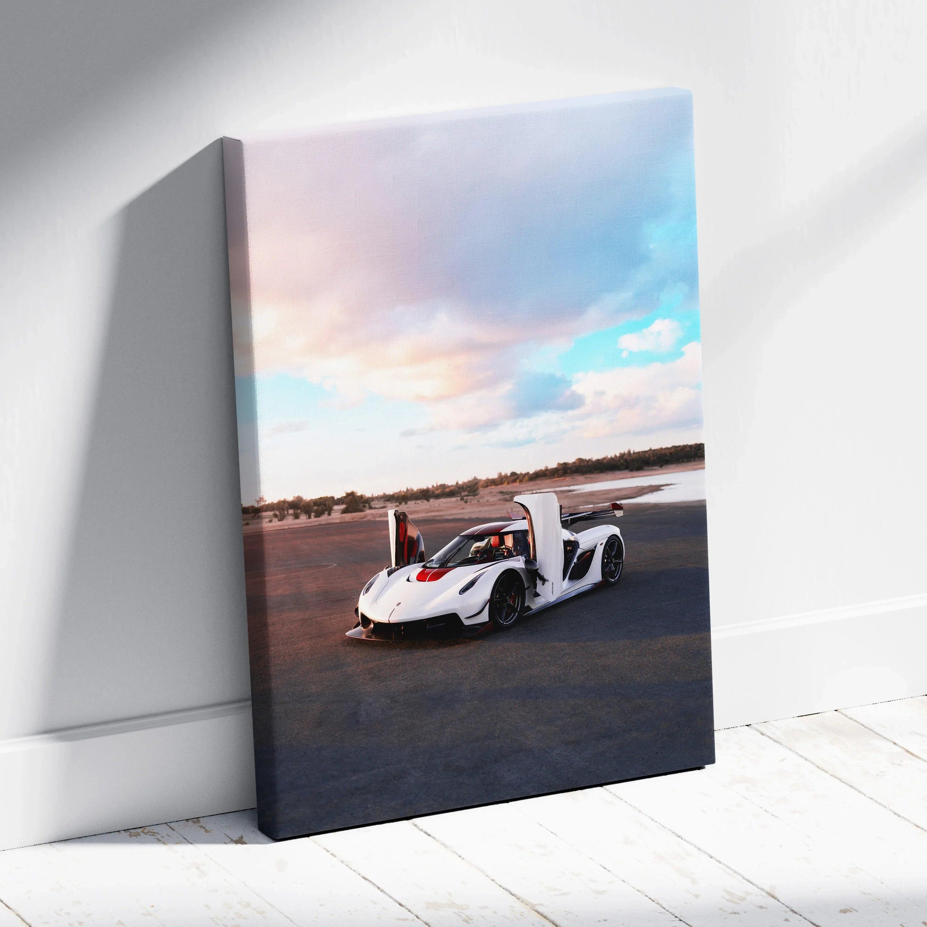 Koenigsegg Jesko sports car on road canvas wall art with vibrant sky background.