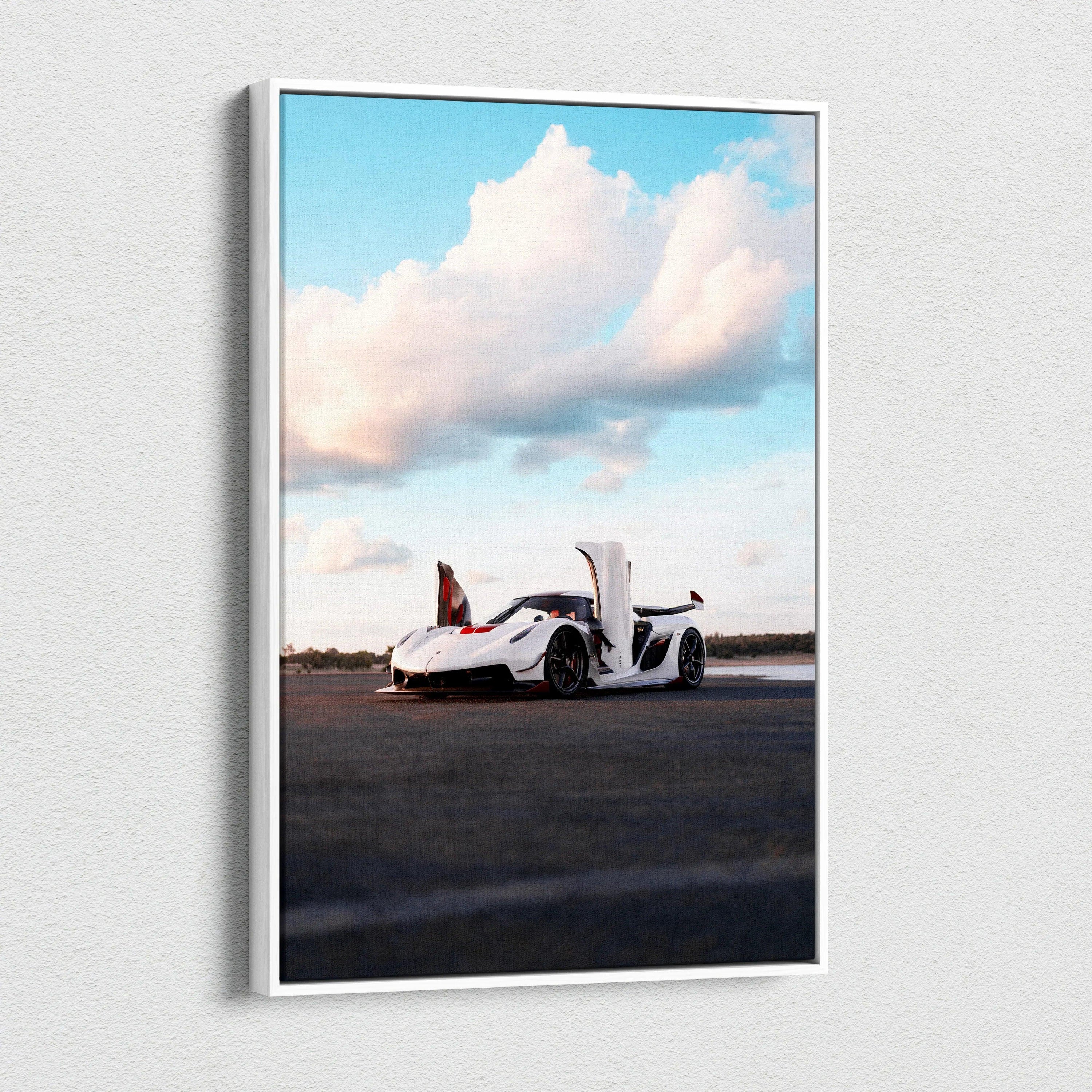 Vertical canvas art featuring white Koenigsegg Jesko sports car with open doors against blue sky wall art.