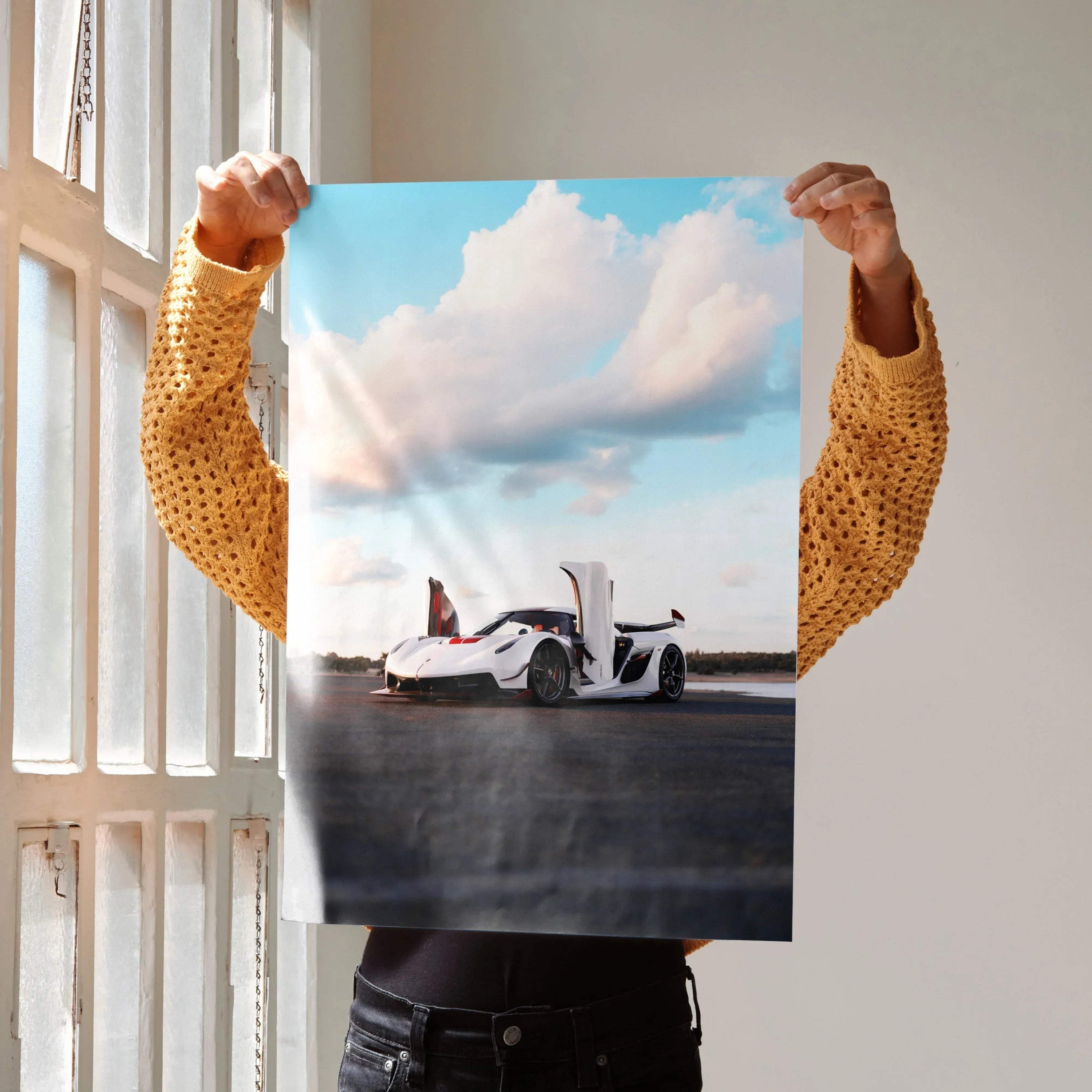 Koenigsegg Jesko hypercar with open doors on racetrack poster wall art.