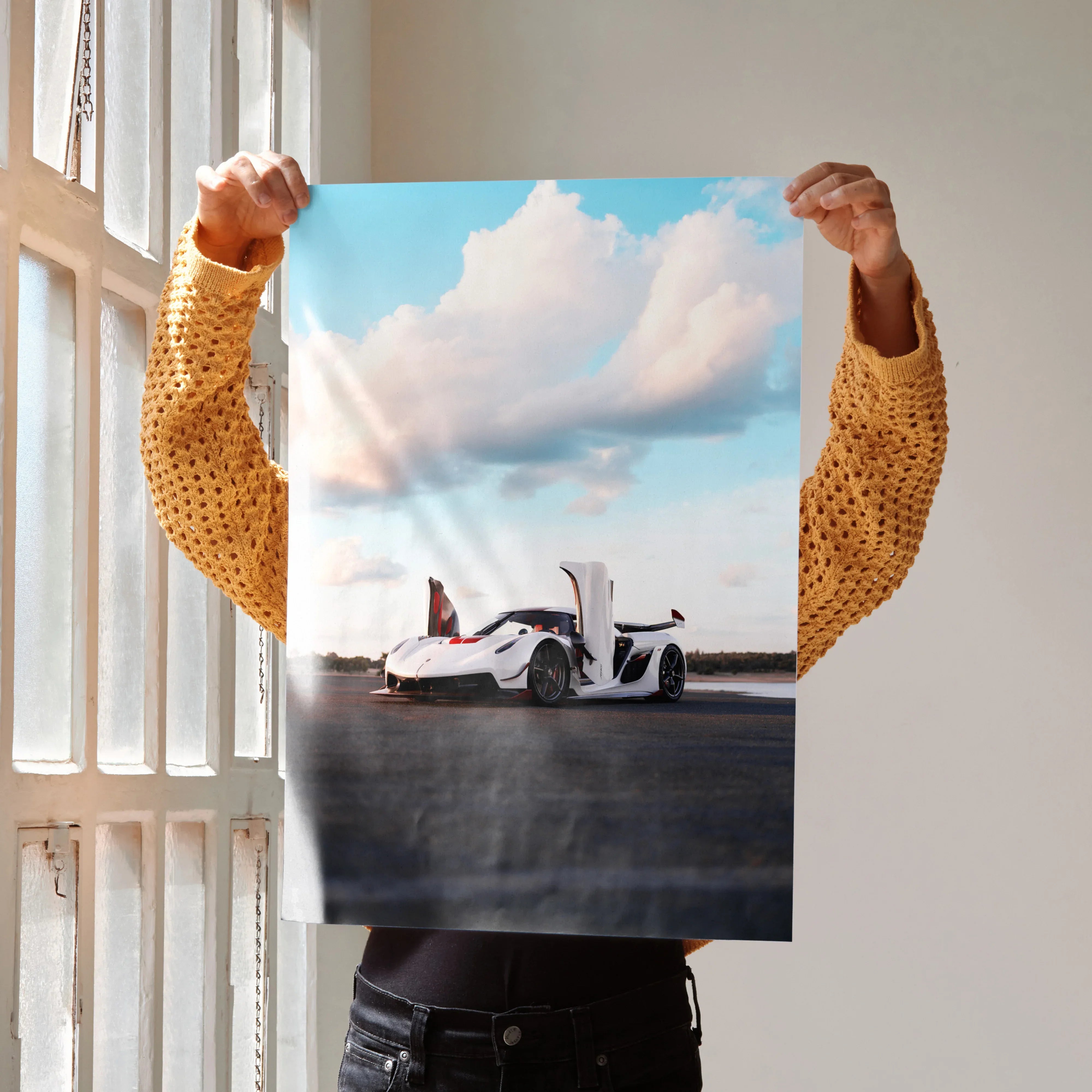 Koenigsegg Jesko hypercar with open doors on racetrack poster wall art.