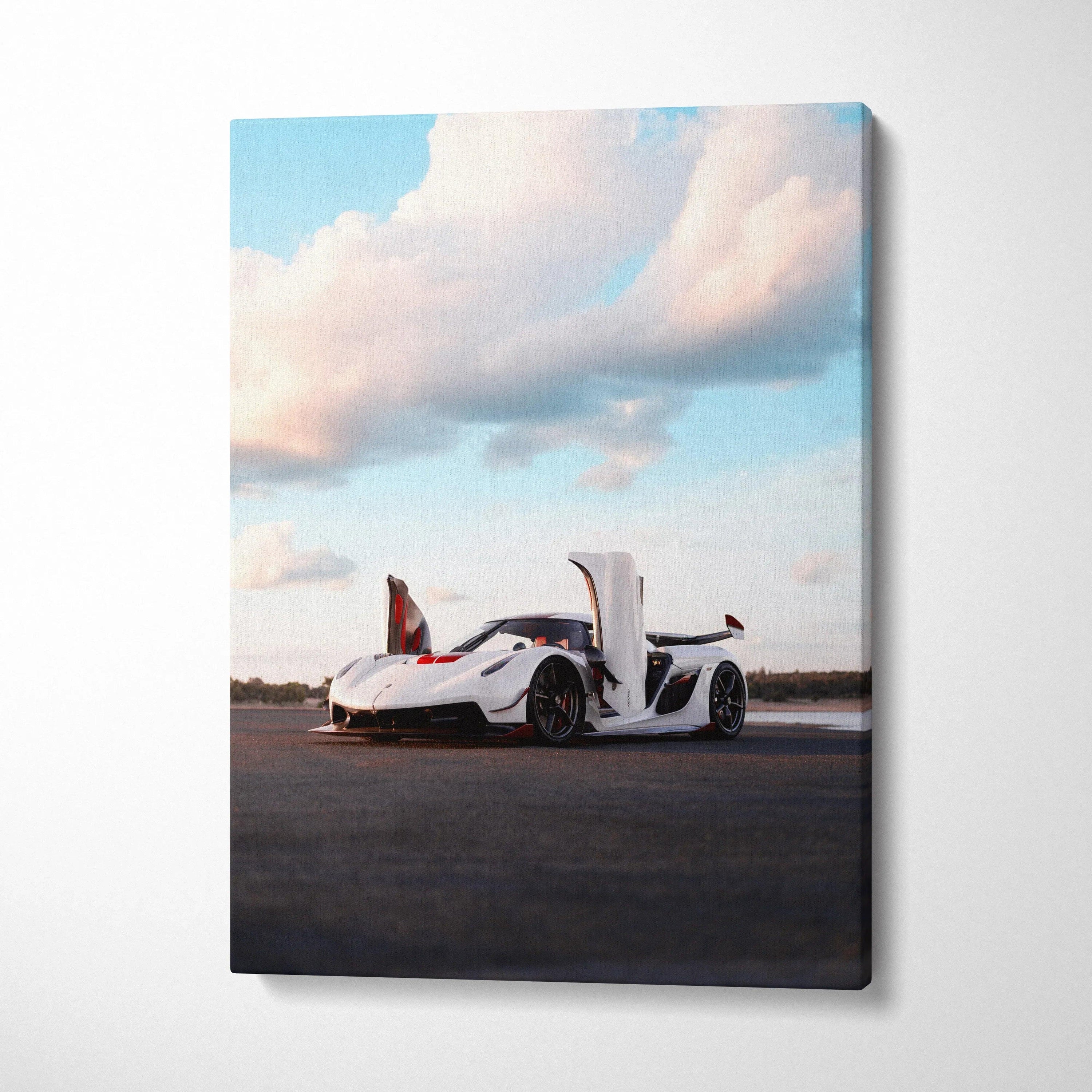 Vertical Koenigsegg Jesko canvas art with white sports car and open doors against sky background.