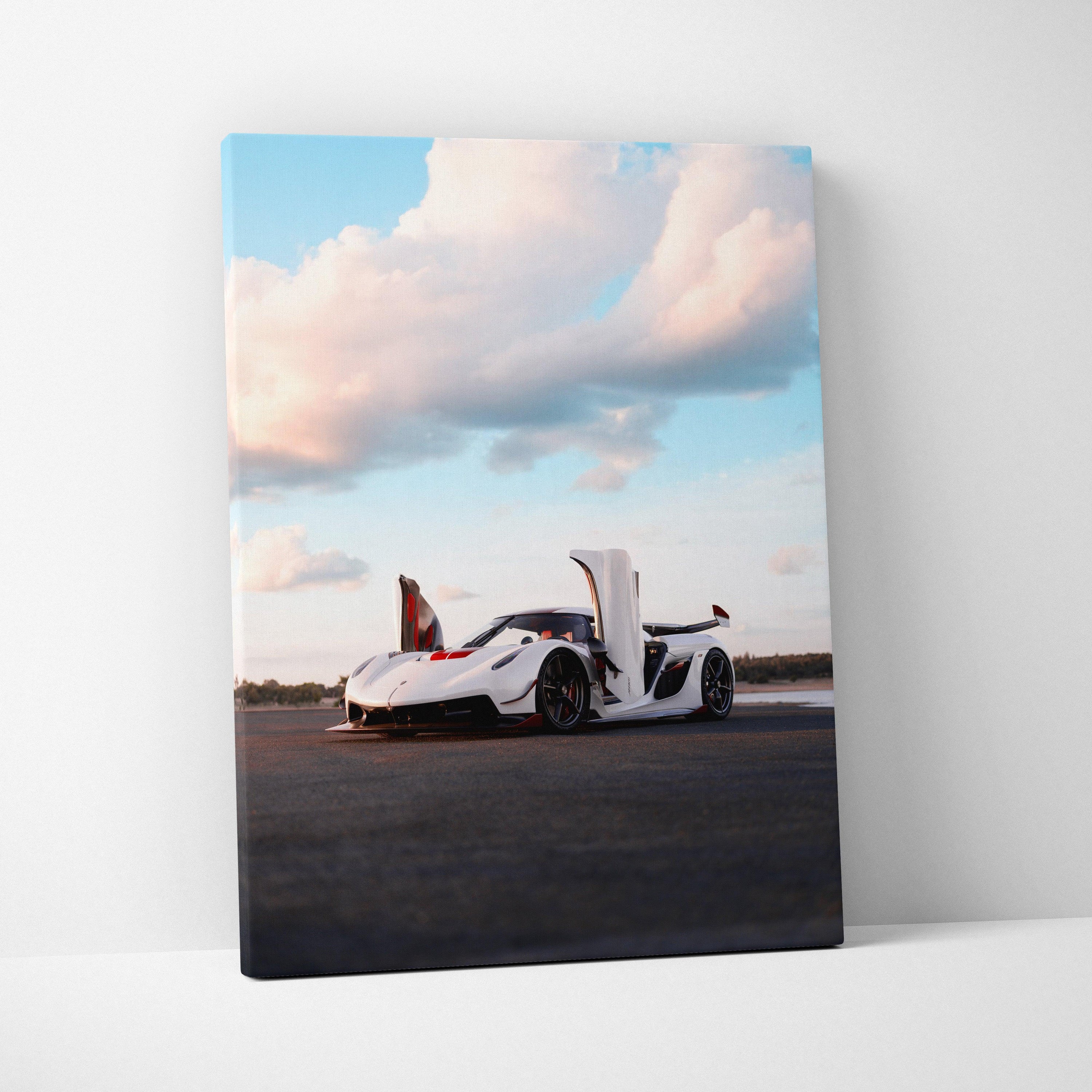 Koenigsegg Jesko sports car with open doors on canvas wall art, vertical layout.