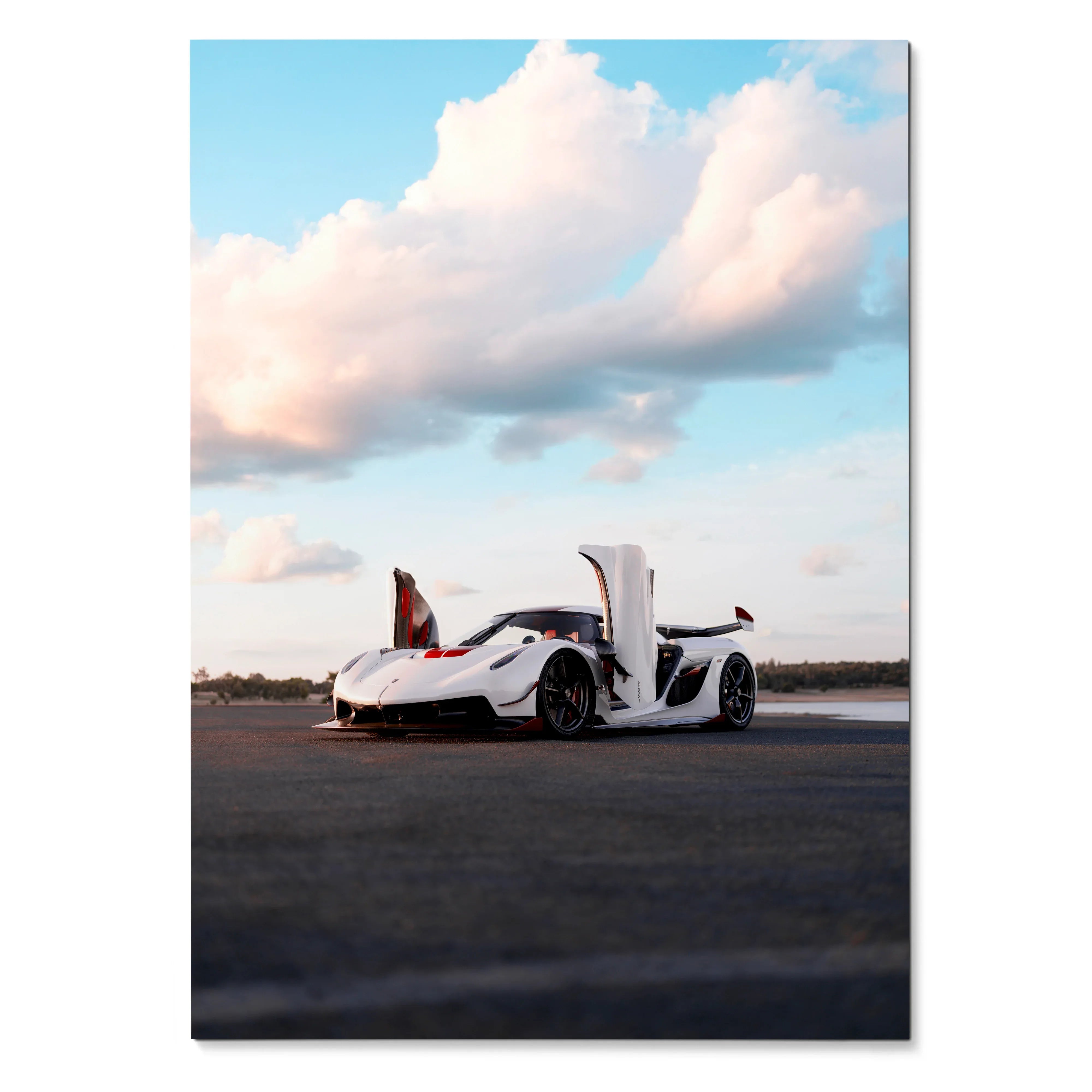 Koenigsegg Jesko supercar with open butterfly doors on asphalt under a blue sky poster wall art.