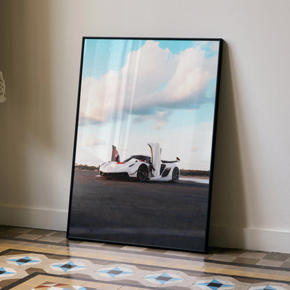 Koenigsegg Jesko supercar poster with open doors on empty road under blue sky wall art.