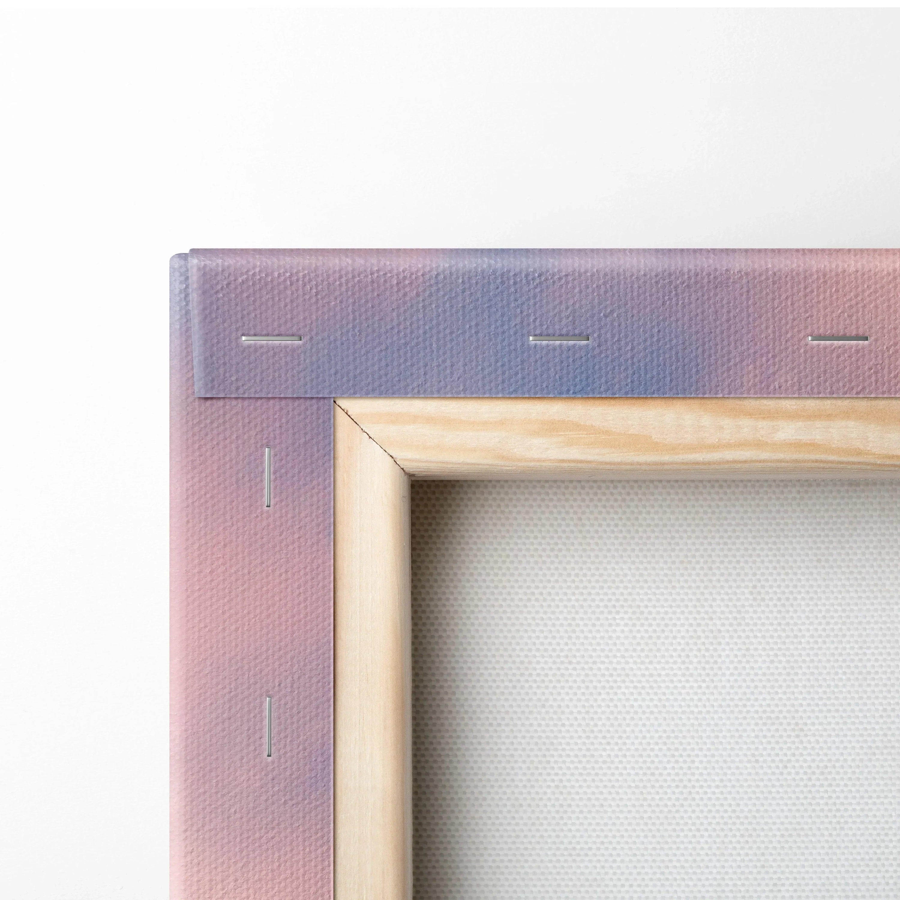 Close-up of wooden frame and canvas back with visible staples for wall art canvas print.