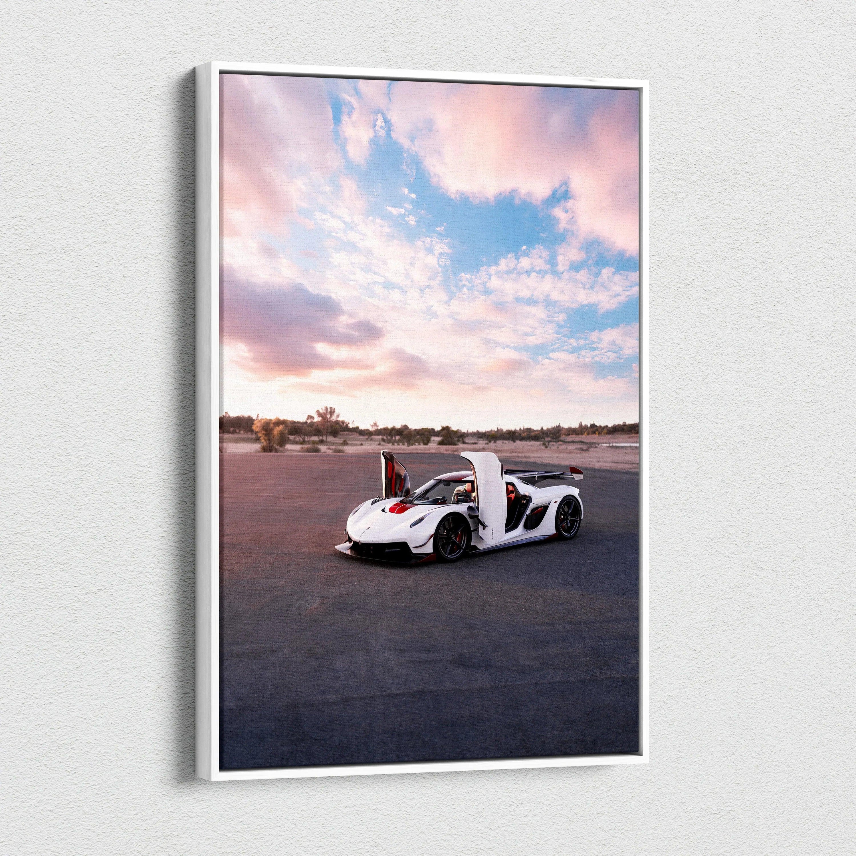 Vertical canvas art featuring white Koenigsegg Jesko sports car under pink and blue sky wall art.