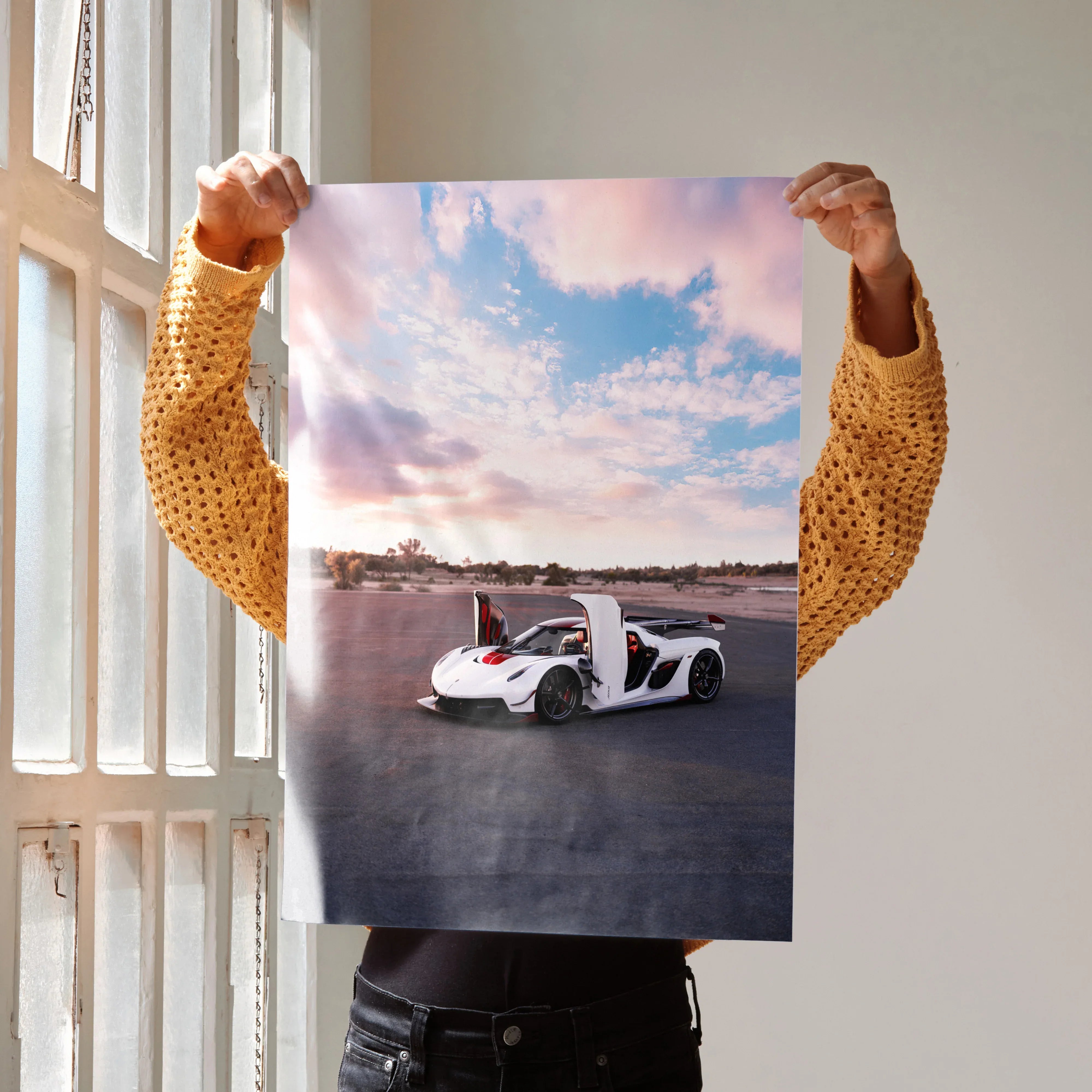 Koenigsegg Jesko white sports car on open road at sunset poster wall art.
