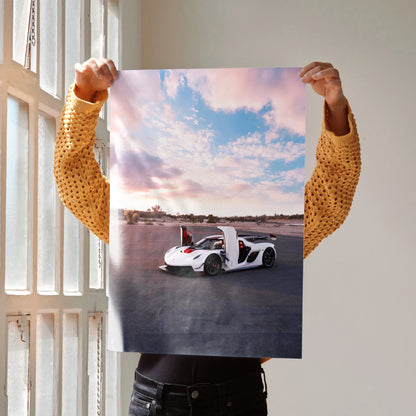Koenigsegg Jesko white sports car on open road at sunset poster wall art.