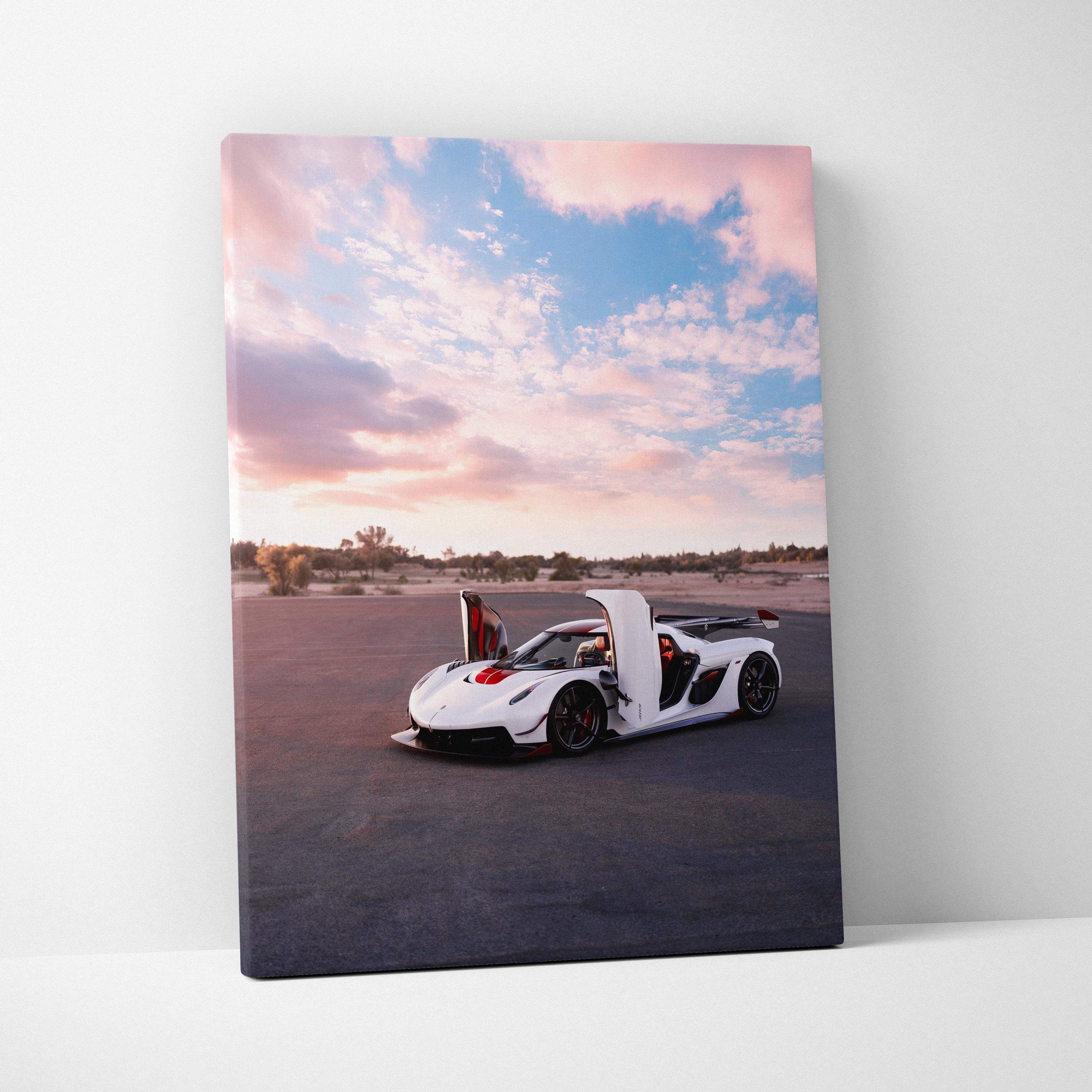 Koenigsegg Jesko white sports car under pink and blue sky on canvas wall art.