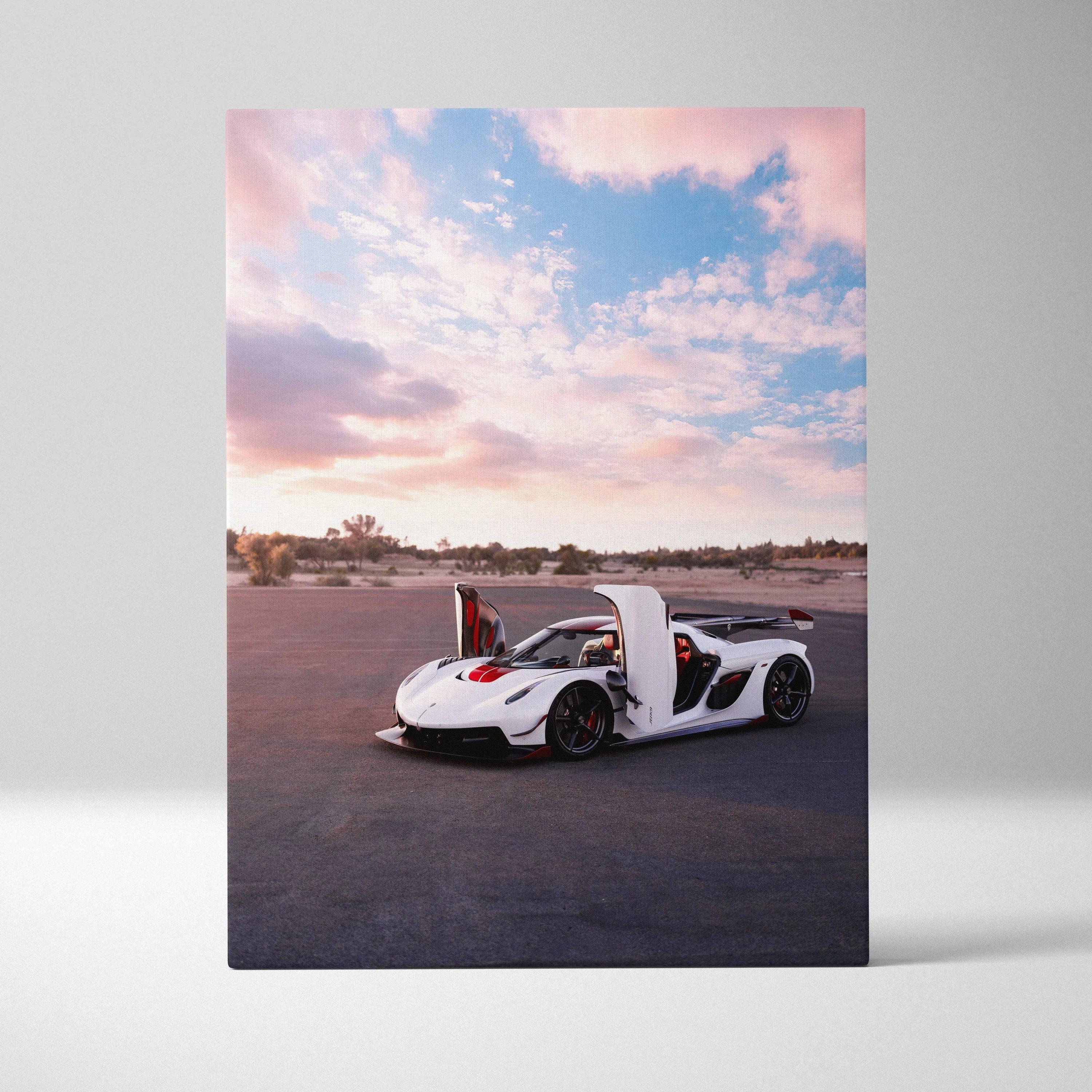 Koenigsegg Jesko white sports car with open doors on canvas wall art with sunset sky background.