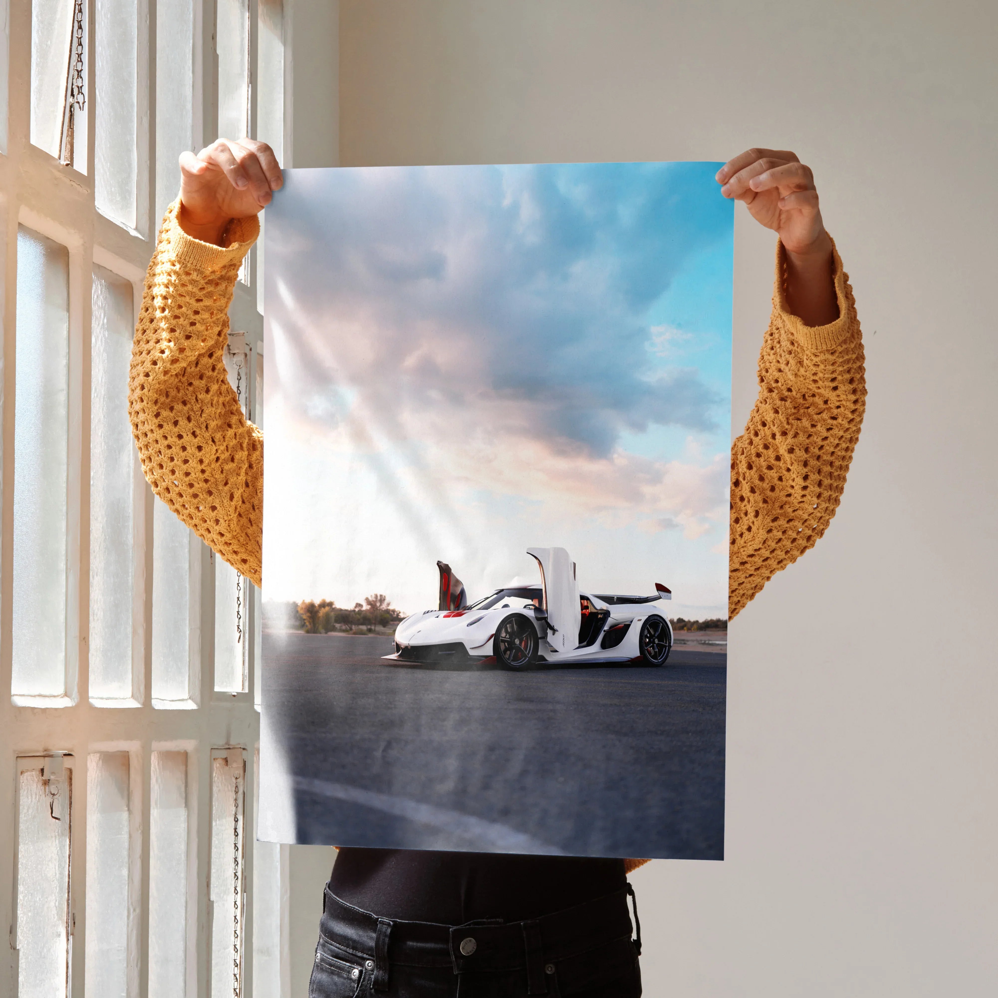 Koenigsegg Jesko white sports car poster with open doors under blue sky wall art.