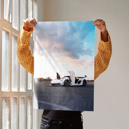 Koenigsegg Jesko white sports car poster with open doors under blue sky wall art.