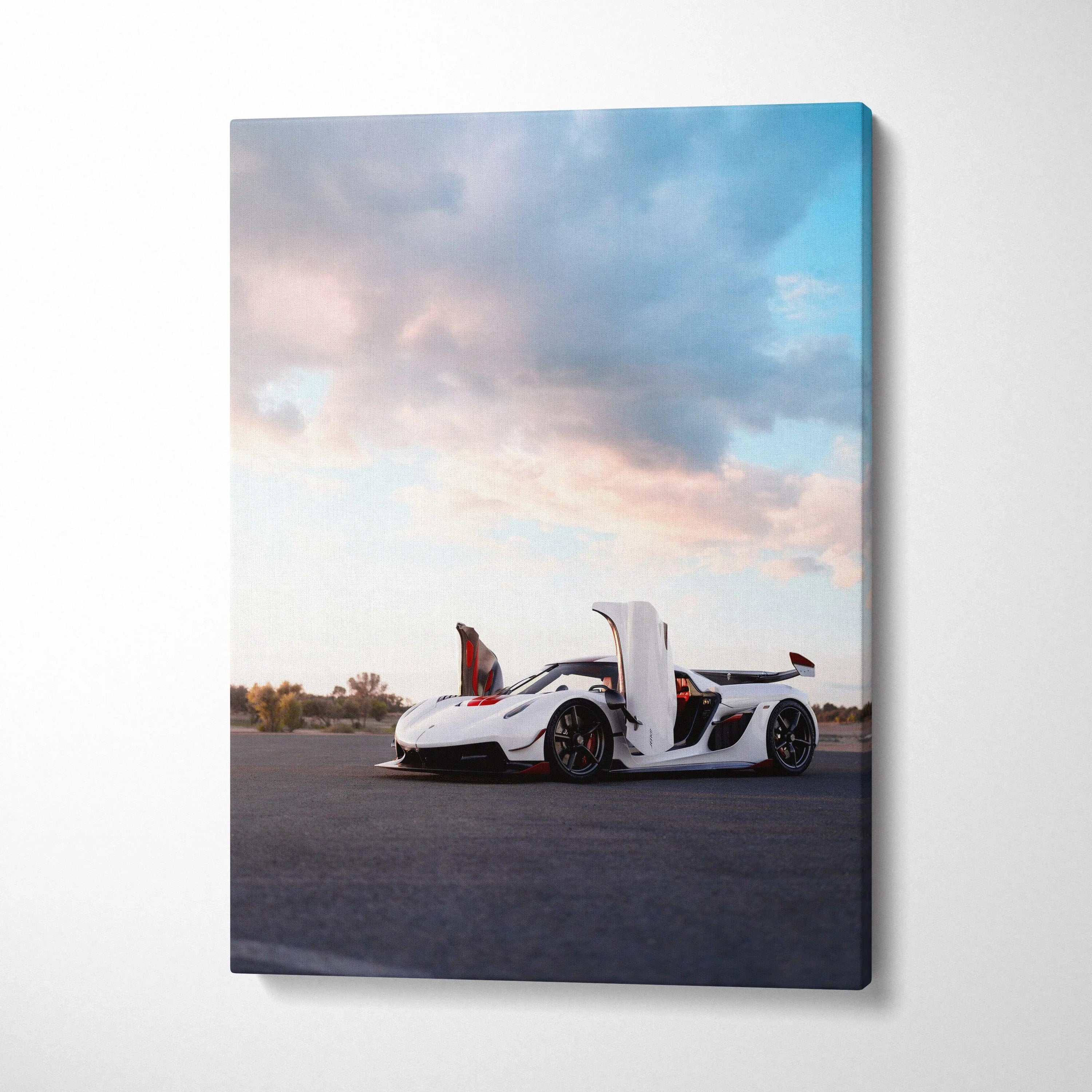 Koenigsegg Jesko white supercar with scissor doors open under a cloudy sky canvas wall art.