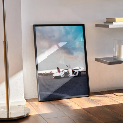 Koenigsegg Jesko white supercar high resolution poster with blue sky wall art in black frame.