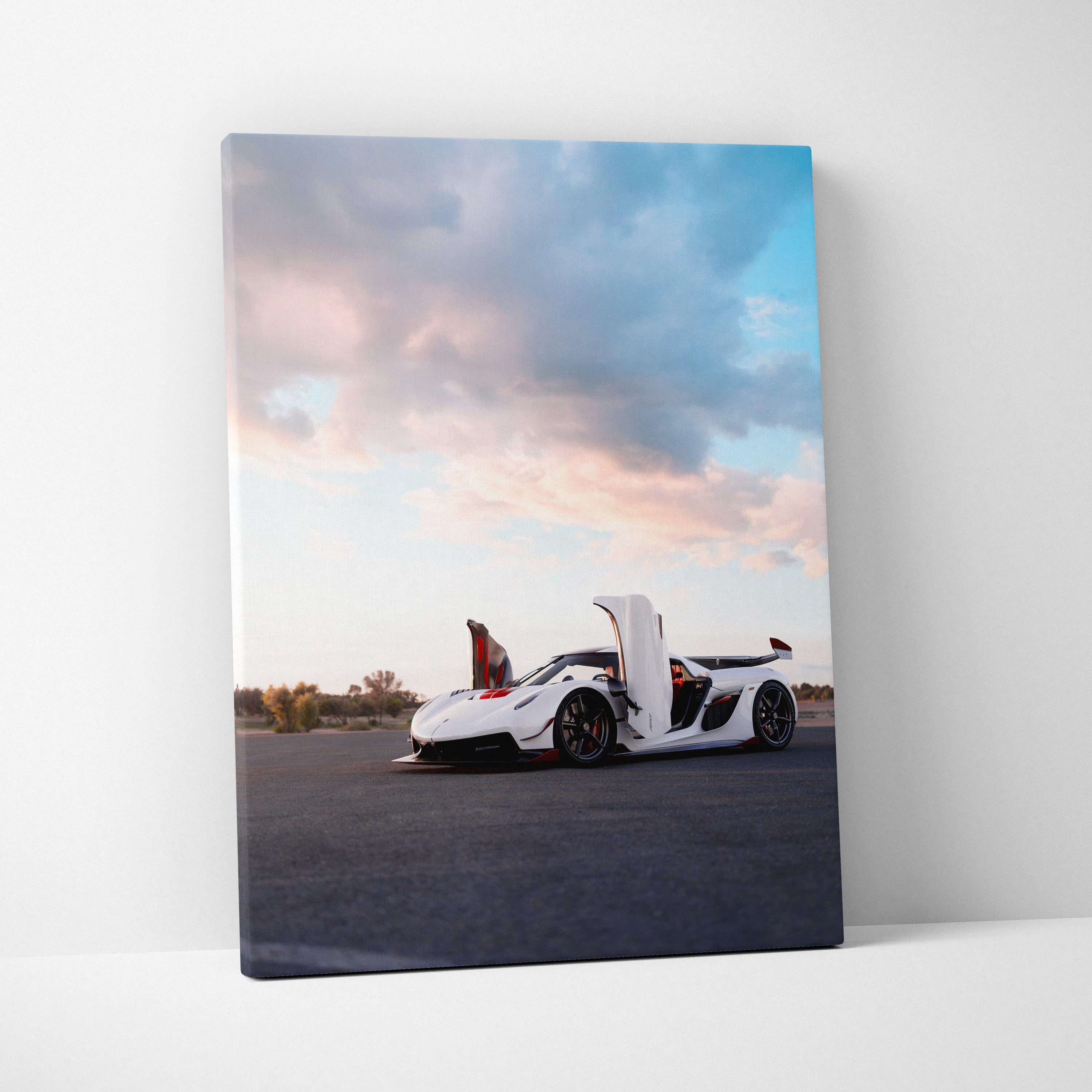 Vertical canvas art of white Koenigsegg Jesko with open doors under blue and pink sky wall art.