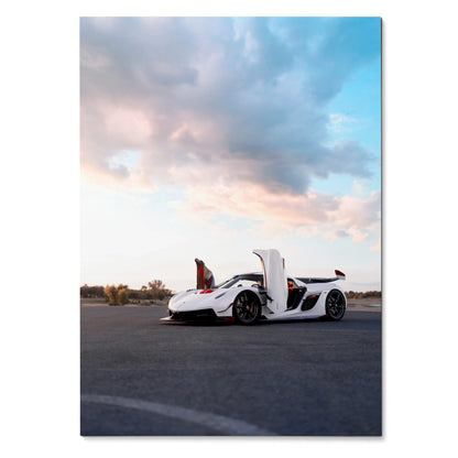Koenigsegg Jesko white sports car with open doors under a colorful sky poster wall art.