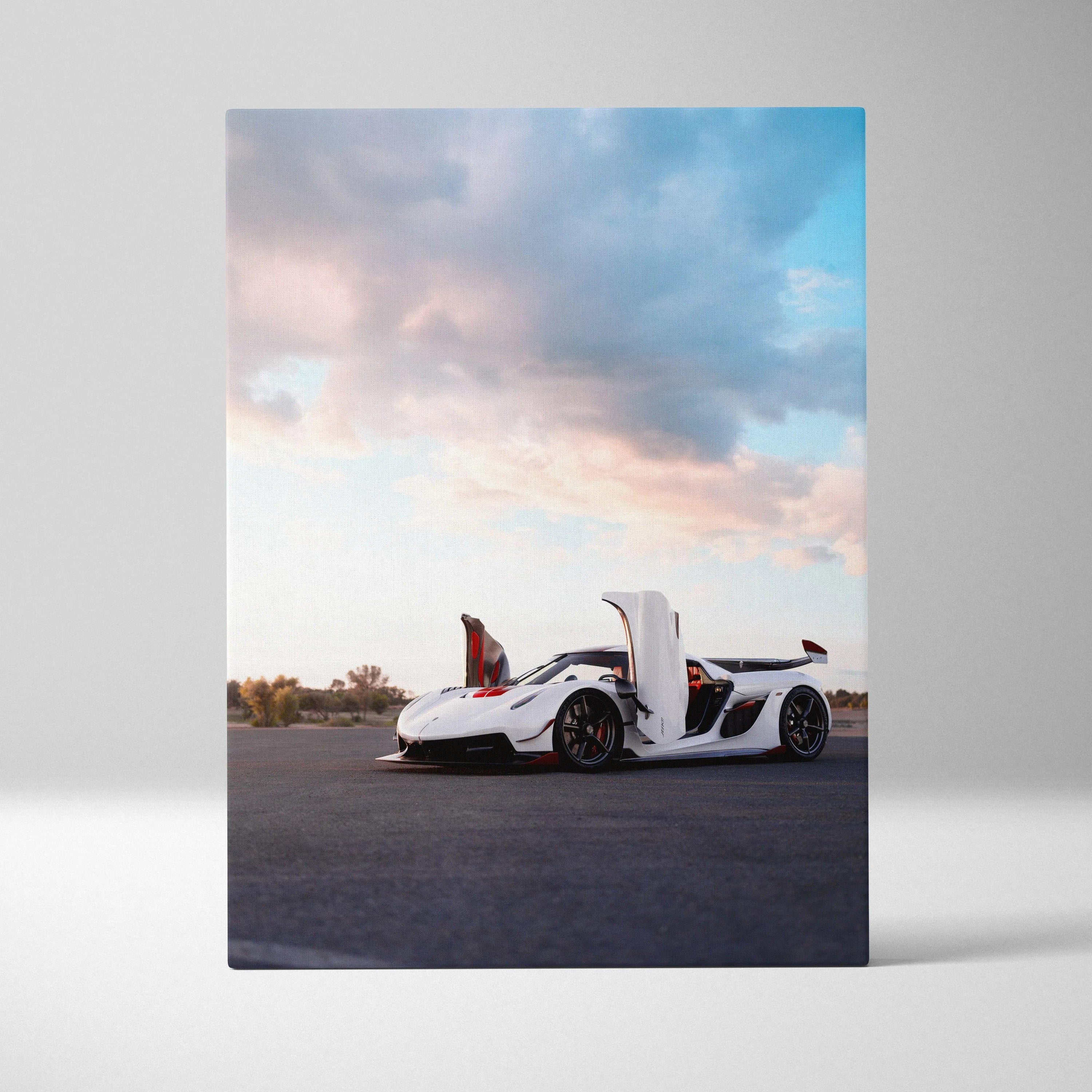Koenigsegg Jesko sports car with open dihedral doors on canvas wall art with soft sunset sky background.